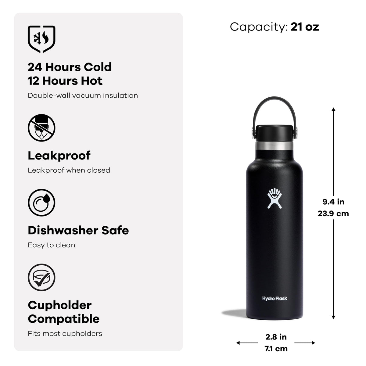Hydro Flask Stainless Steel Standard Mouth Water Bottle with Flex Cap and Double-Wall Vacuum Insulation,Trillium, 21 Ounces