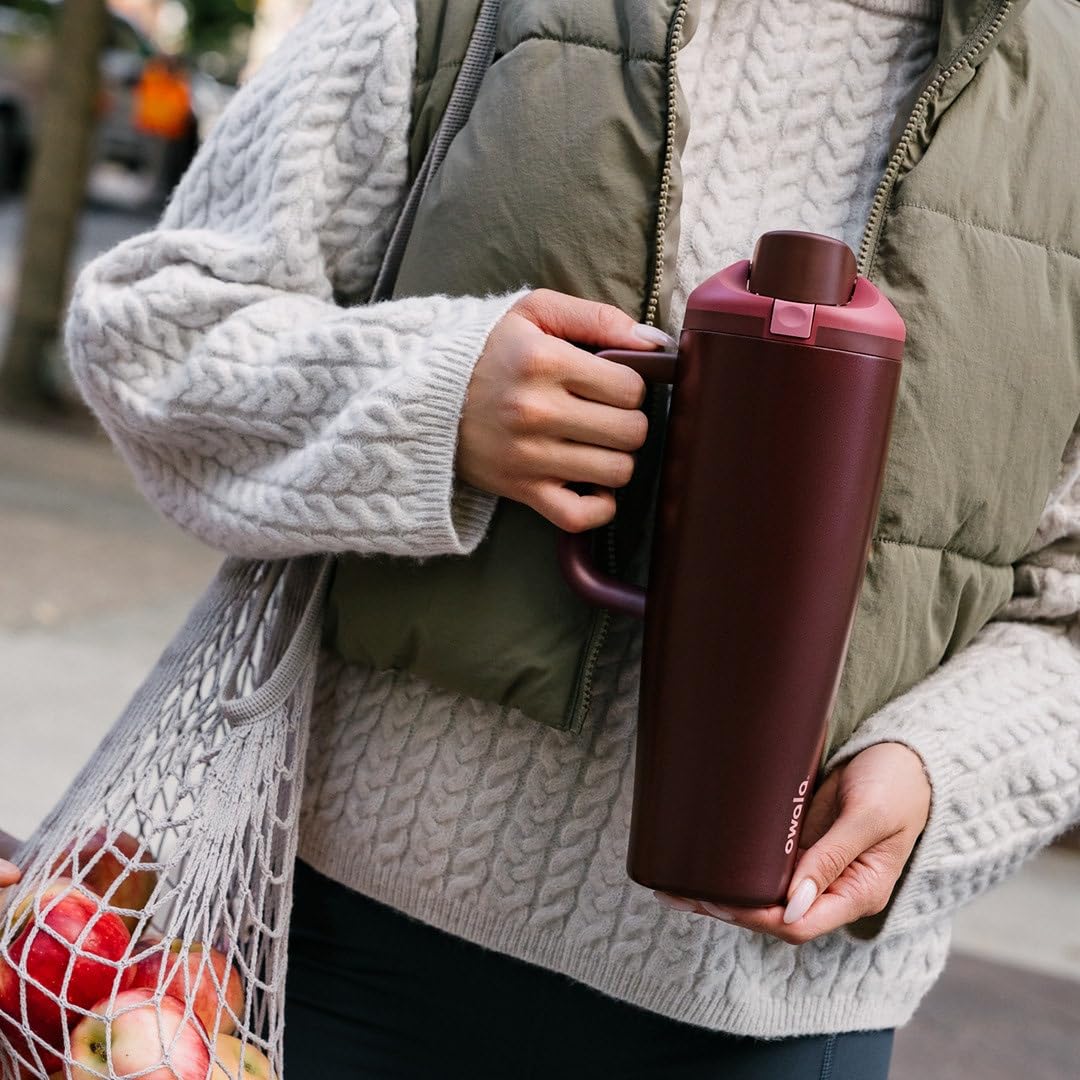 Owala FreeSip Tumbler Insulated Stainless Steel Water Bottle with Built-in Straw and Side Handle, for Travel, Work, School, and Sports, 30oz, BPA Free, Leak Proof, Black Cherry