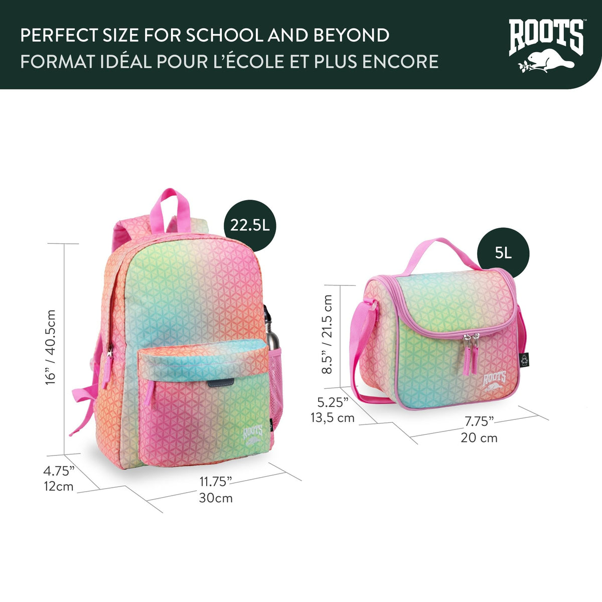 Ensemble coordonné 2 pièces Roots pour enfants, sac à dos de 22,5 L et sac à lunch de 5 L
