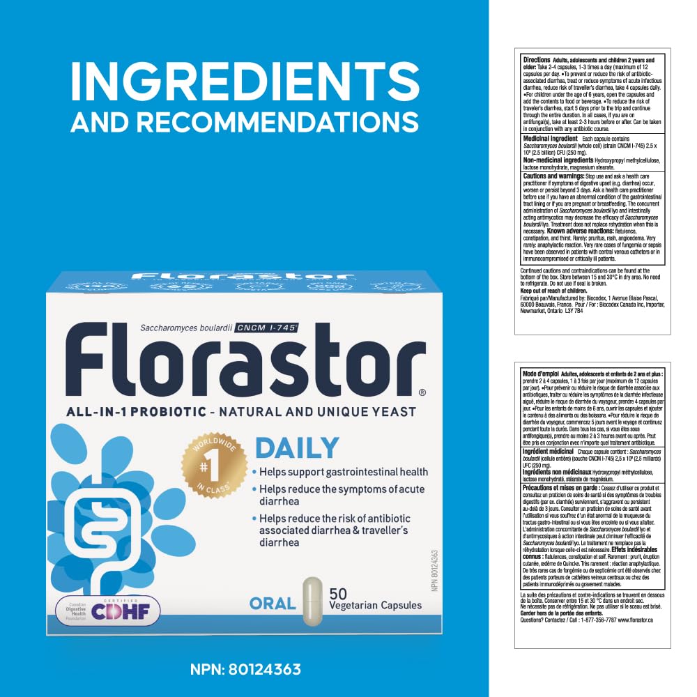 Florastor - Saccharomyces Boulardii CNCM I-745 - Daily All in One Probiotic - Gut Health & Digestive Support - Supports Immune System - The 1 Probiotic in class Worldwide - For Adults & Family (50 count (Pack of 1)) - Available at All In One Marketplace Canada
