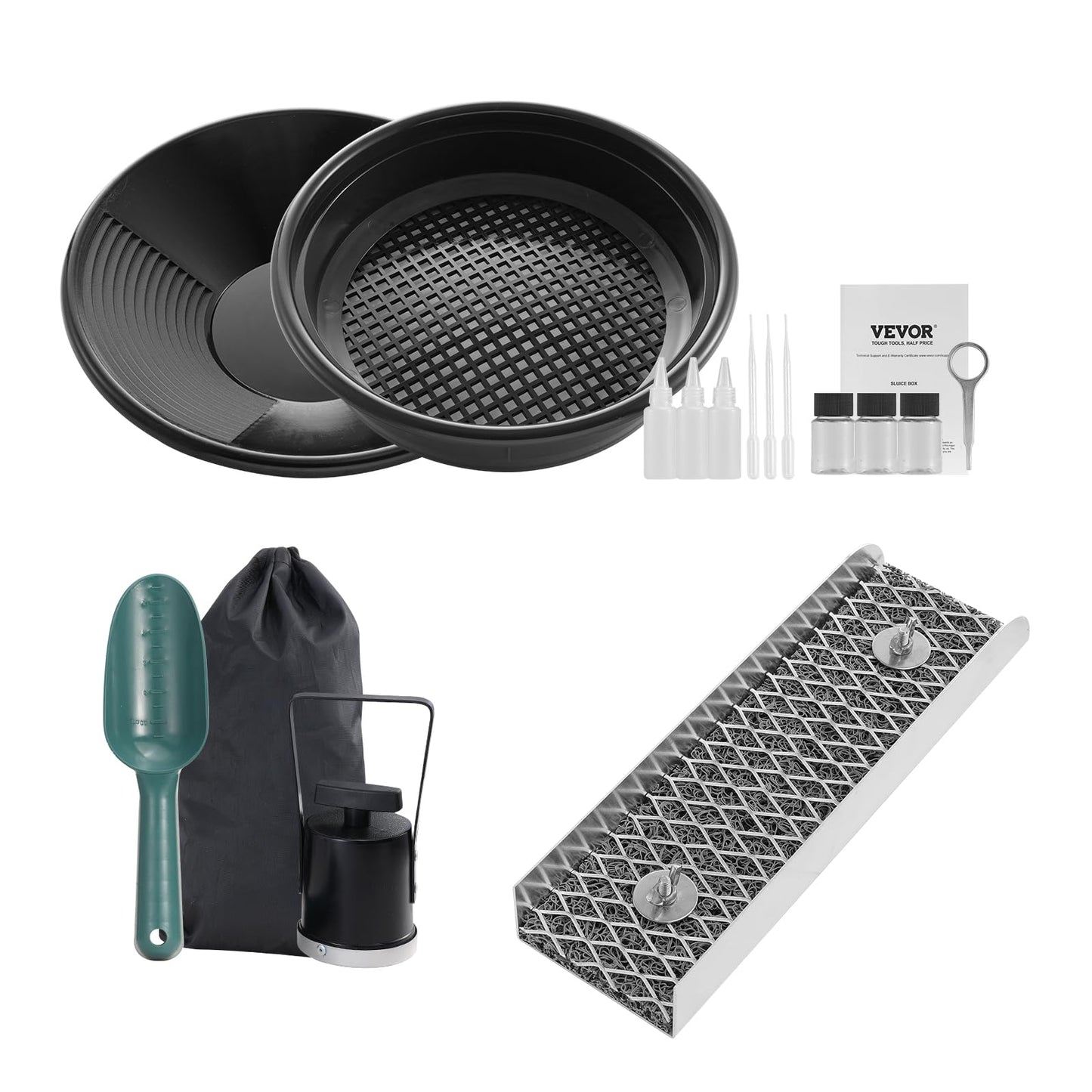 VEVOR Gold Panning Kit with Mini Sluice Box, 12" Aluminum Gold Mining Equipment, 16 PCS Golds Prospecting Kit with Golden Pan, Classifier Screen, Separating Magnet, Drawstring Backpack and Accessories VEVOR