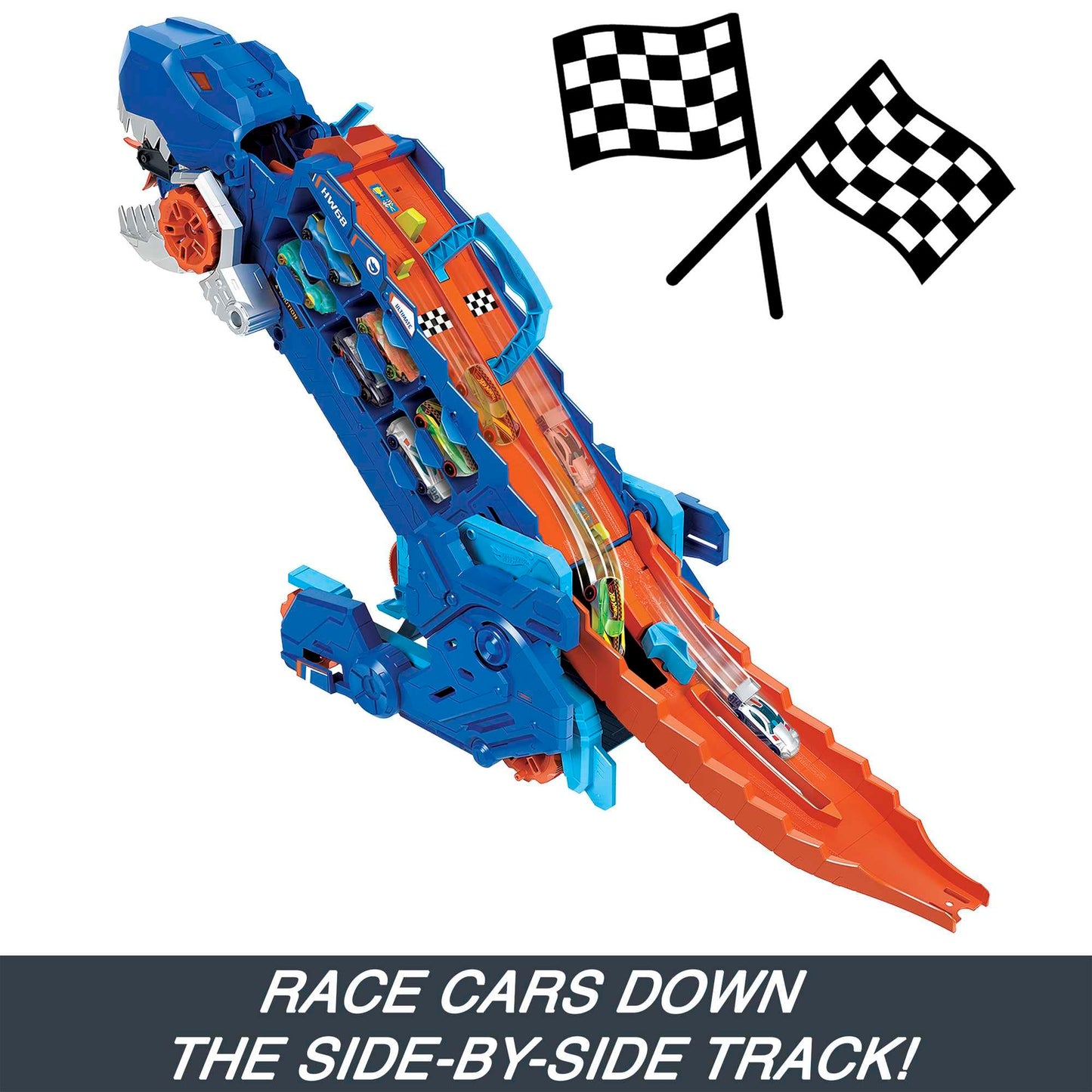 Hot Wheels City Toy Car Track Set, Ultimate T-Rex Transporter, Hauler Transforms into Stomping Dino with Race Track, from Netflix Series “Let’s Race” Hot Wheels