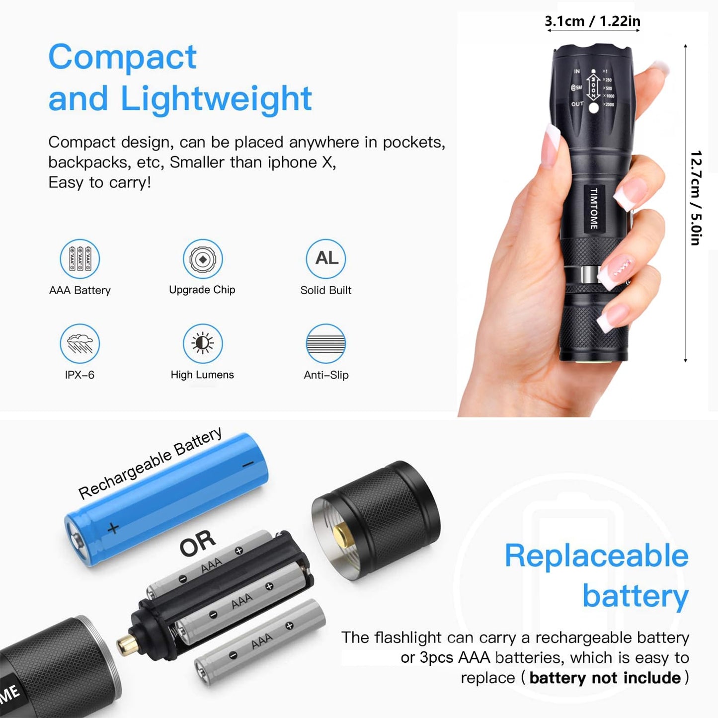 LED Flashlight, Ultra Bright XML T6 Handheld Flashlights - High Lumen, Zoomable, 5 Modes, Water-Resistant - Perfect for Camping Biking Home Emergency or Gift-Giving(2 Pack)