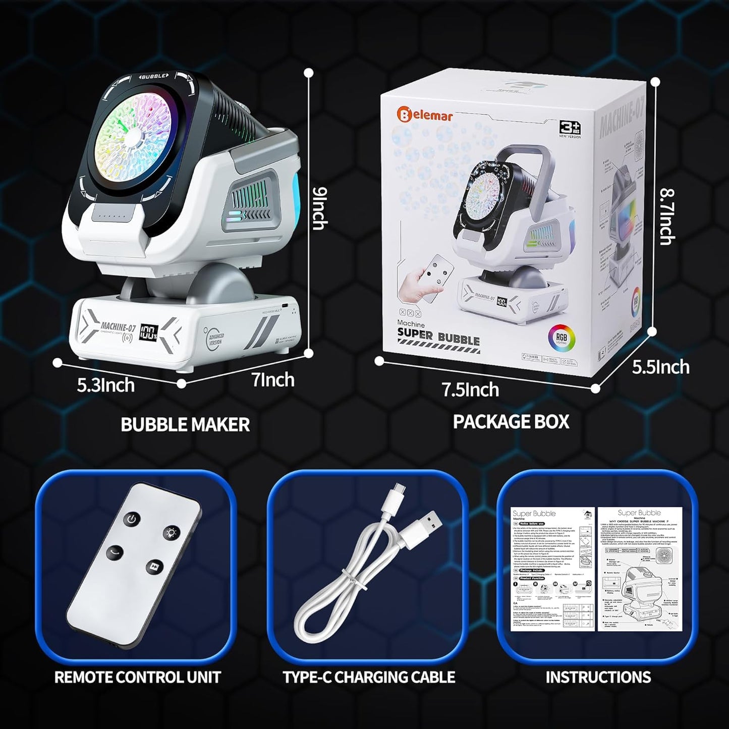 Upgraded Bubble Machine with Remote Control, Automatic Rotation & RGB Lights, 1800mAh Rechargeable, Type-C Charge, Bubble Maker for Kids, Weddings, Birthday Parties, Outdoor Activities