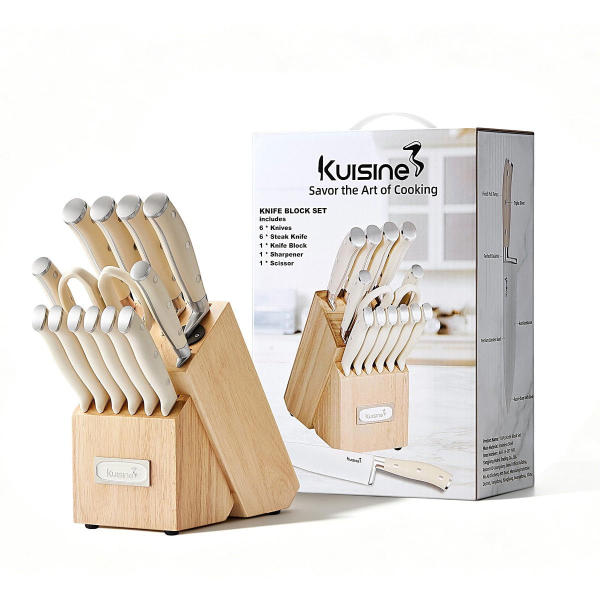 Kuisine Chef Knife Set,High Carbon Stainless Steel Ultra Sharp Blade Ergonomic Handle,Kitchen Knife Block Set with Built-in Sharpener, Elegant Gift for Holiday(Ivory Pro,15PCS) 🍁 All In One Marketplace Canada