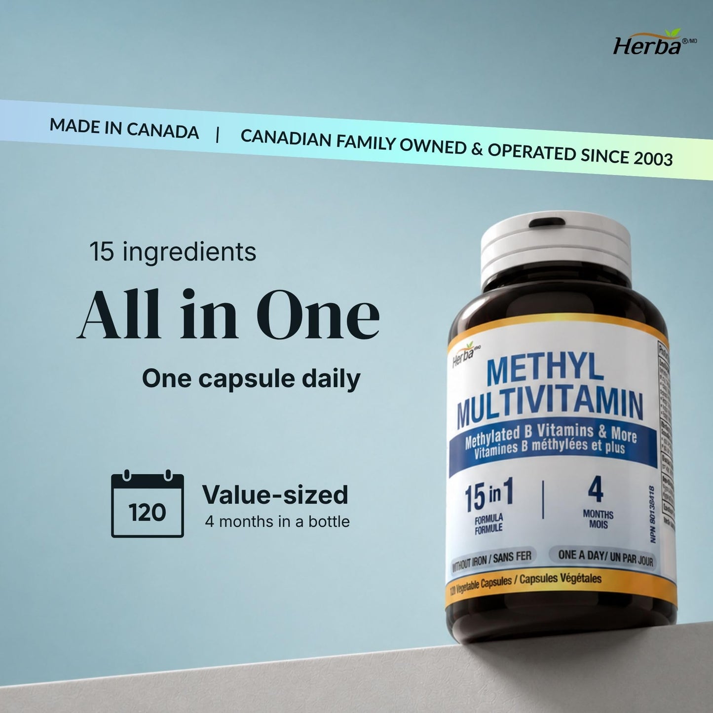 Herba Methylated Multivitamin with 500mg TMG & Methylated B Complex - 120 Capsules | 15 in 1 Formula | B Complex Vitamins for Women & Men including Methyl Folate Supplement | Vegan | Made in Canada - Available at All In One Marketplace Canada