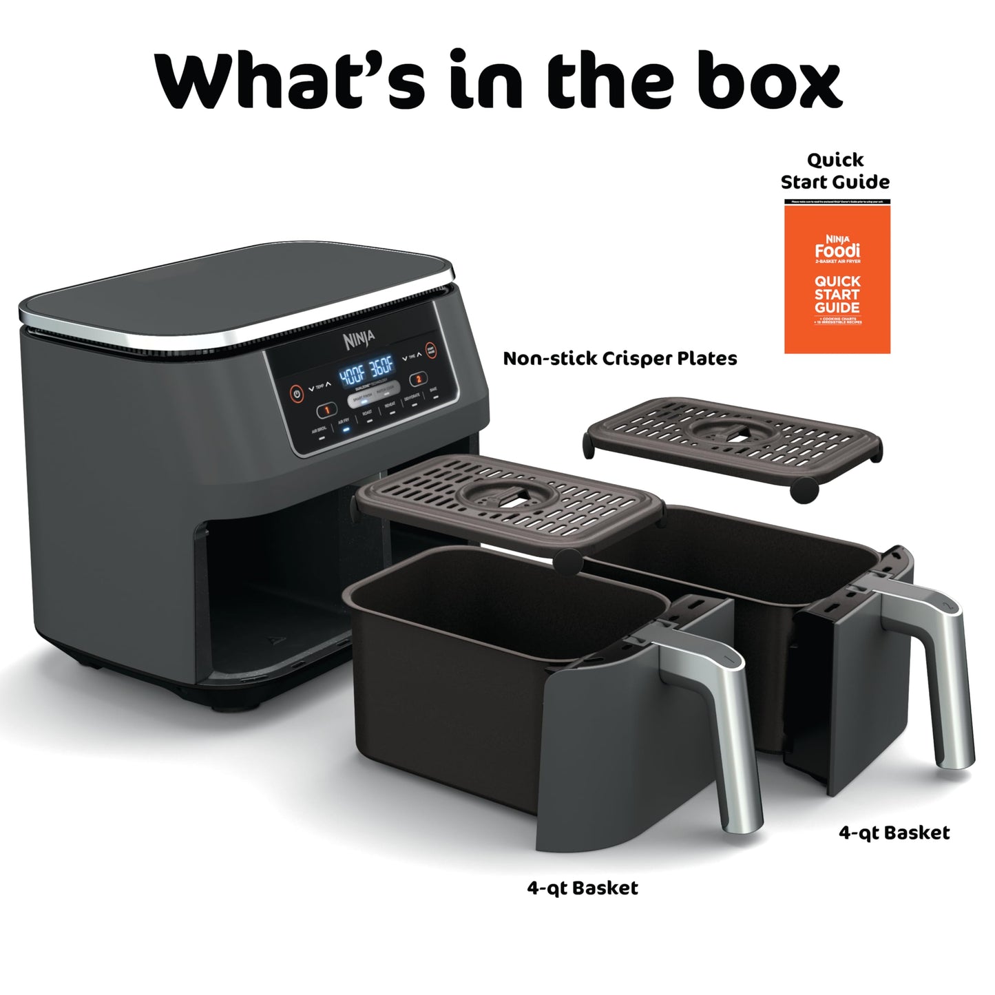 Ninja Foodi 6-in-1 8-qt. (7.6L) 2-Basket Air Fryer DualZone Technology, Match Cook & Smart Finish to Roast, Broil, Dehydrate & More for Quick, Easy Meals, Slate Grey (DZ201C) Canadian Version