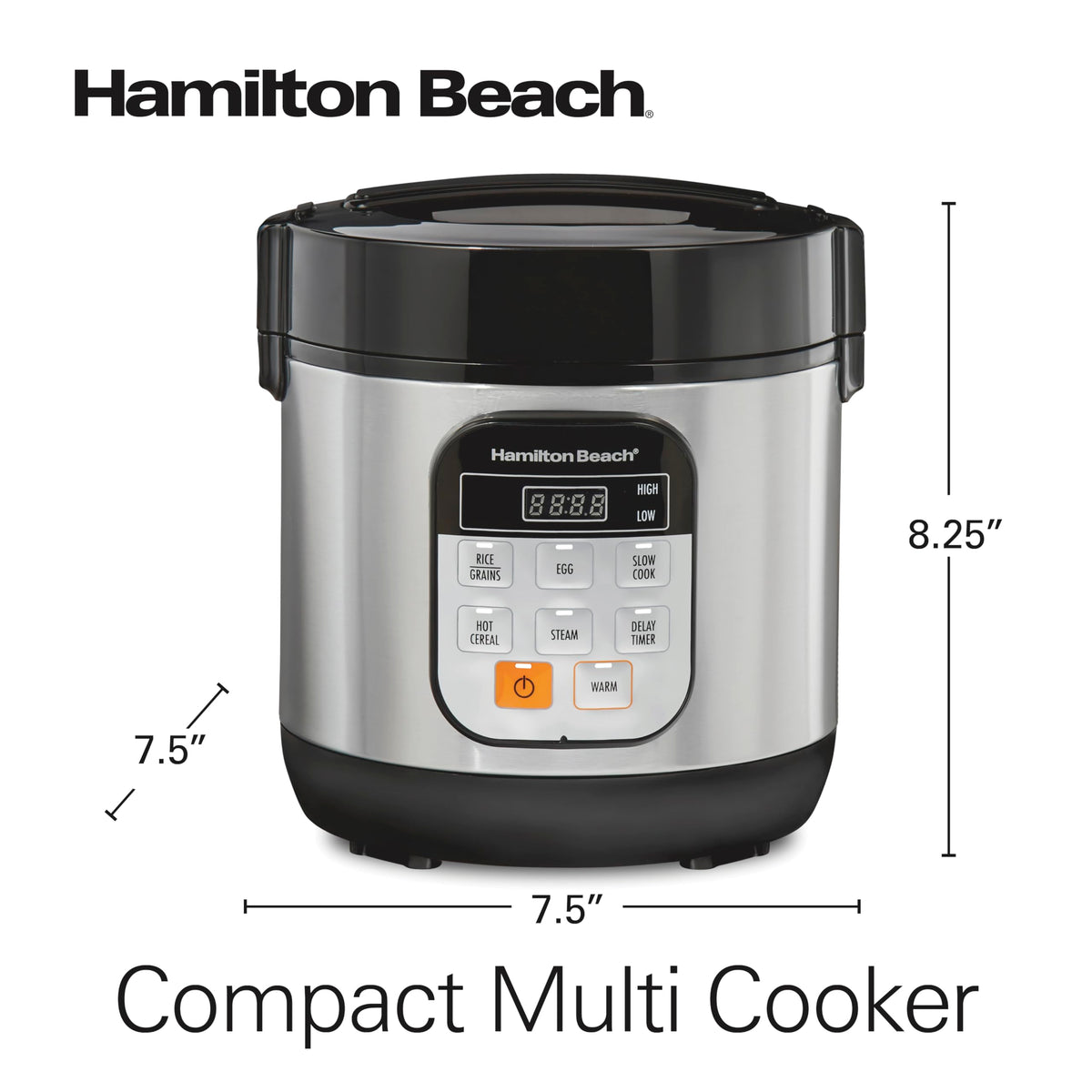Hamilton Beach Compact Multi Cooker, 1.5 Quart (1.4 L), Stainless Steel, 6 Cups Cooked (3 Cups Uncooked), Rice Cooker, Egg Cooker, Slow Cooker & Food Steamer, Model 37524MN