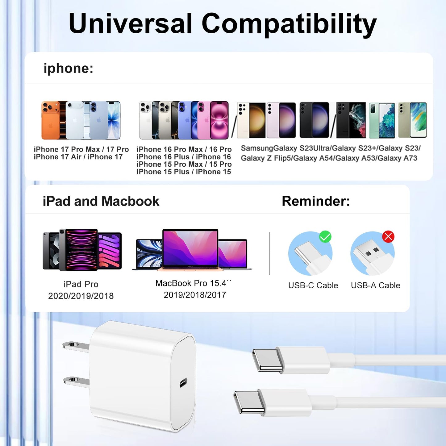 Susnwere iPhone 17 15 16 Charger 10Ft with 20W USB C Charger Block,3-Pack 20W Fast Wall Charger for iPhone 17 Pro Max/iPhone 16/16 Plus/16 Pro/16 Pro Max/15 Plus/15 Pro Max,3Pack Extra Long 10ft Cable - Available at All In One Marketplace Canada