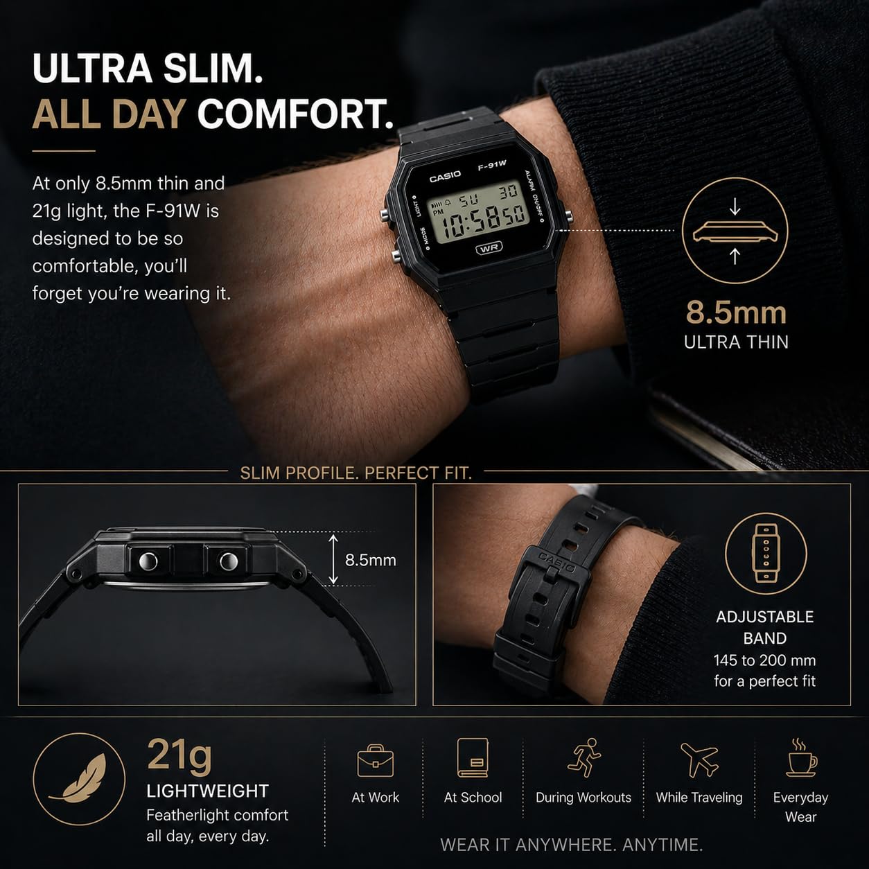 Casio F-91WB Series | Men's Digital Watch | Environmentally Friendly Bio-Based Resin | Alarm | Date Indicator | 7-Year Battery, Black