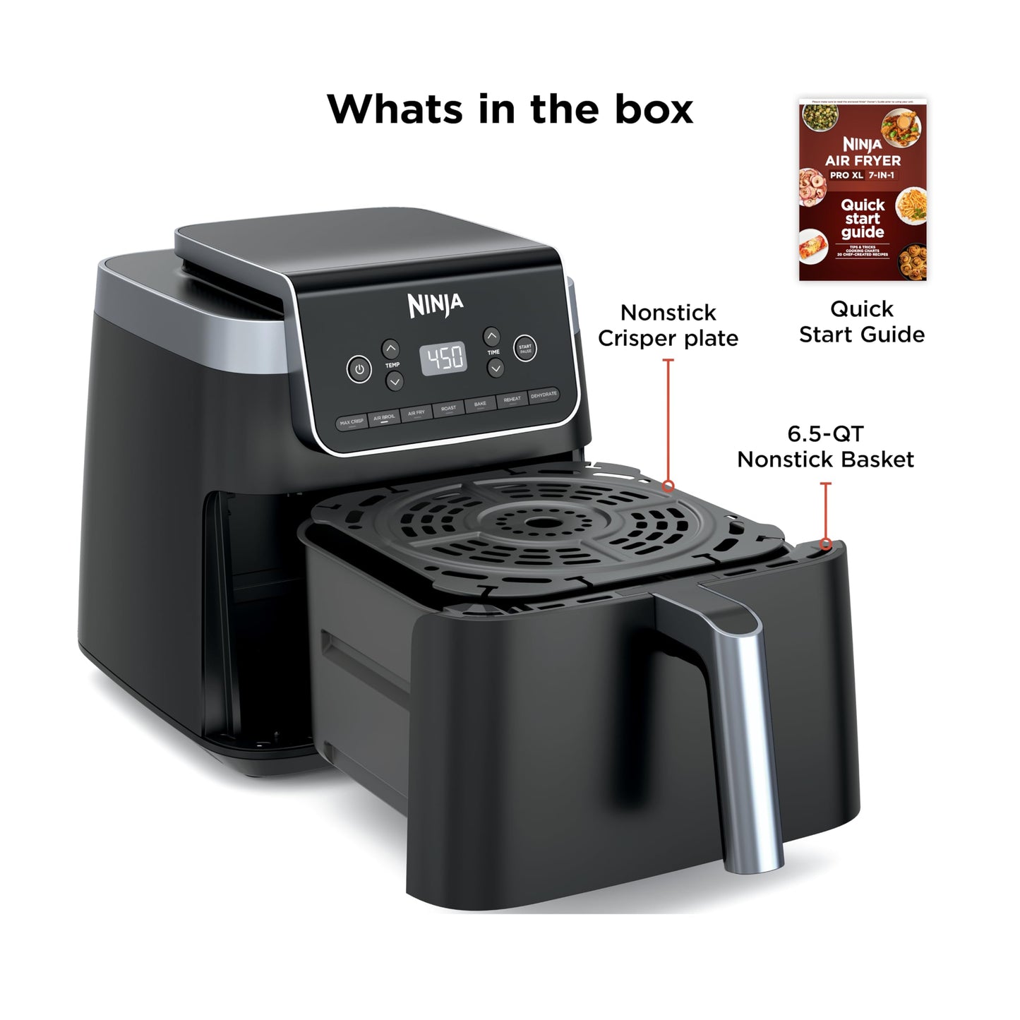 Ninja Air Fryer Pro XL 7-in-1, Max Crisp Tech, 450F for Hotter, Crispy Results, 6.5 QT Capacity, Max Crisp, Broil, Air Fry, Roast, Bake, Reheat, Dehydrate, Space Saving, AF182AMZC (Canadian Version) Ninja