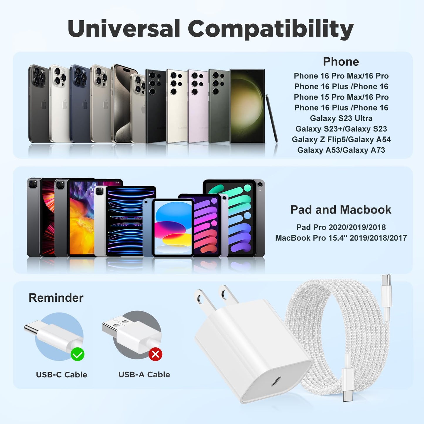 Hzevn for iPhone 16 Chargers Fast Charging,3 Pack 20W USB C Charger Block with 6.6/6.6/10ft Long USB C to USB C Cable for iPhone 17/16/15 Pro Max/15 Pro/15 Plus