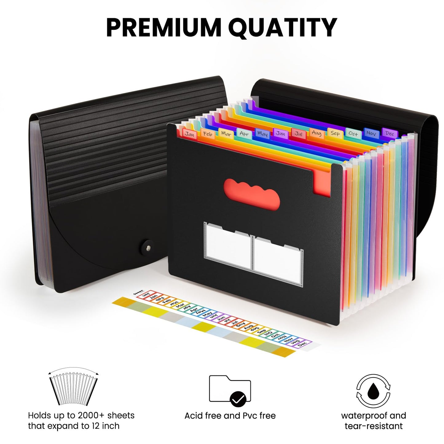 Sooez Accordion File Organizer, 13 Pockets Expanding File Folders, Portable Monthly Paper Bill Tax Receipt Organizer, Letter A4 Size Document Holder with Blank Labels, Black