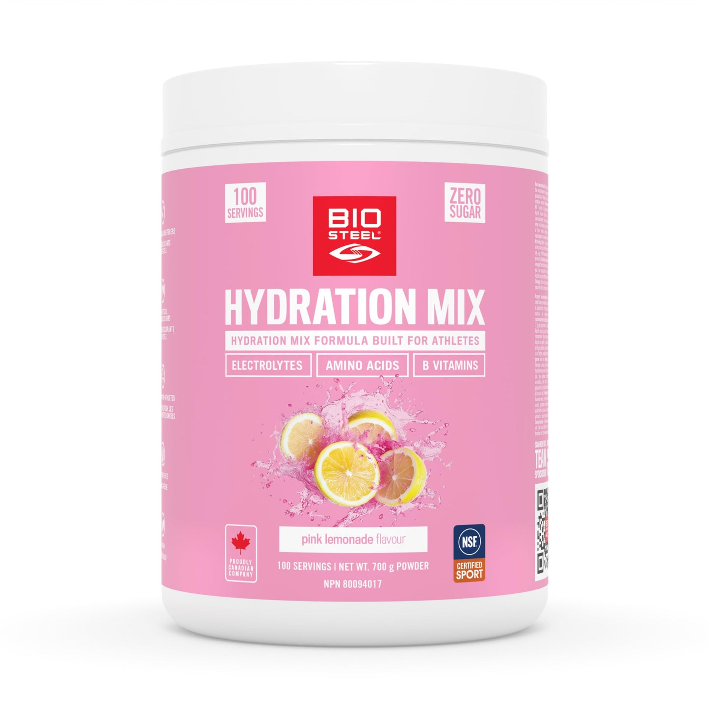 BioSteel Electrolyte Hydration Mix Powder, Zero Sugar, No Artificial Flavours, Pink Lemonade, 100 Serving Container