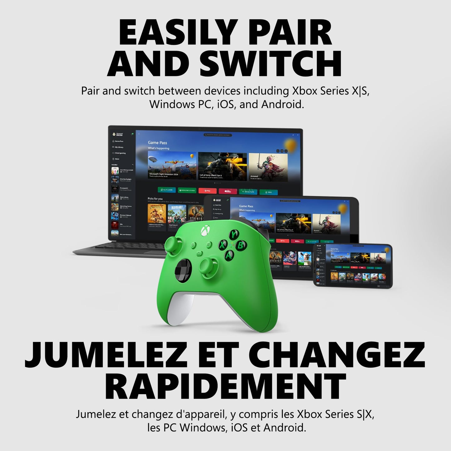 Manette sans fil XBOX Core – Velocity Green – Jouez sur XBOX, Windows, Android, iOS, FireTV Sticks, Smart TV, casques de réalité virtuelle – Édition Velocity Green