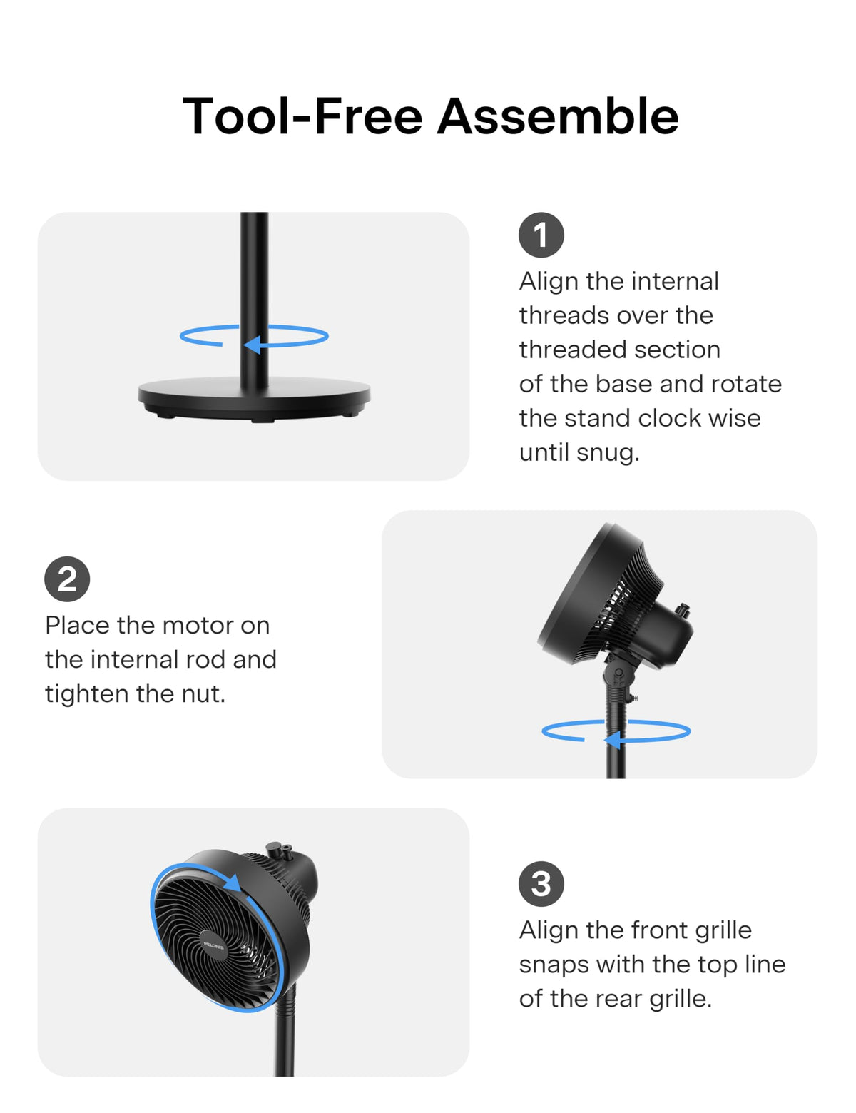 PELONIS 7" Air Circulator Fan,3 Speeds,Adjustable Height(Desk Fan/Standing Fan),75°+90° 0scillation, 5-Blade Quiet Standing Fan for Bedroom,Office and Home
