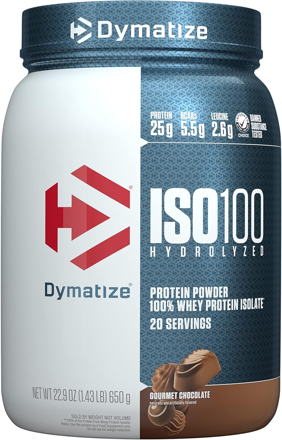 ISO100 Hydrolyzed Protein Powder by Dymatize, Gourmet Chocolate, 100% Whey Isolate Powder, 25g of Protein, Gluten Free, 20 Servings, 650g