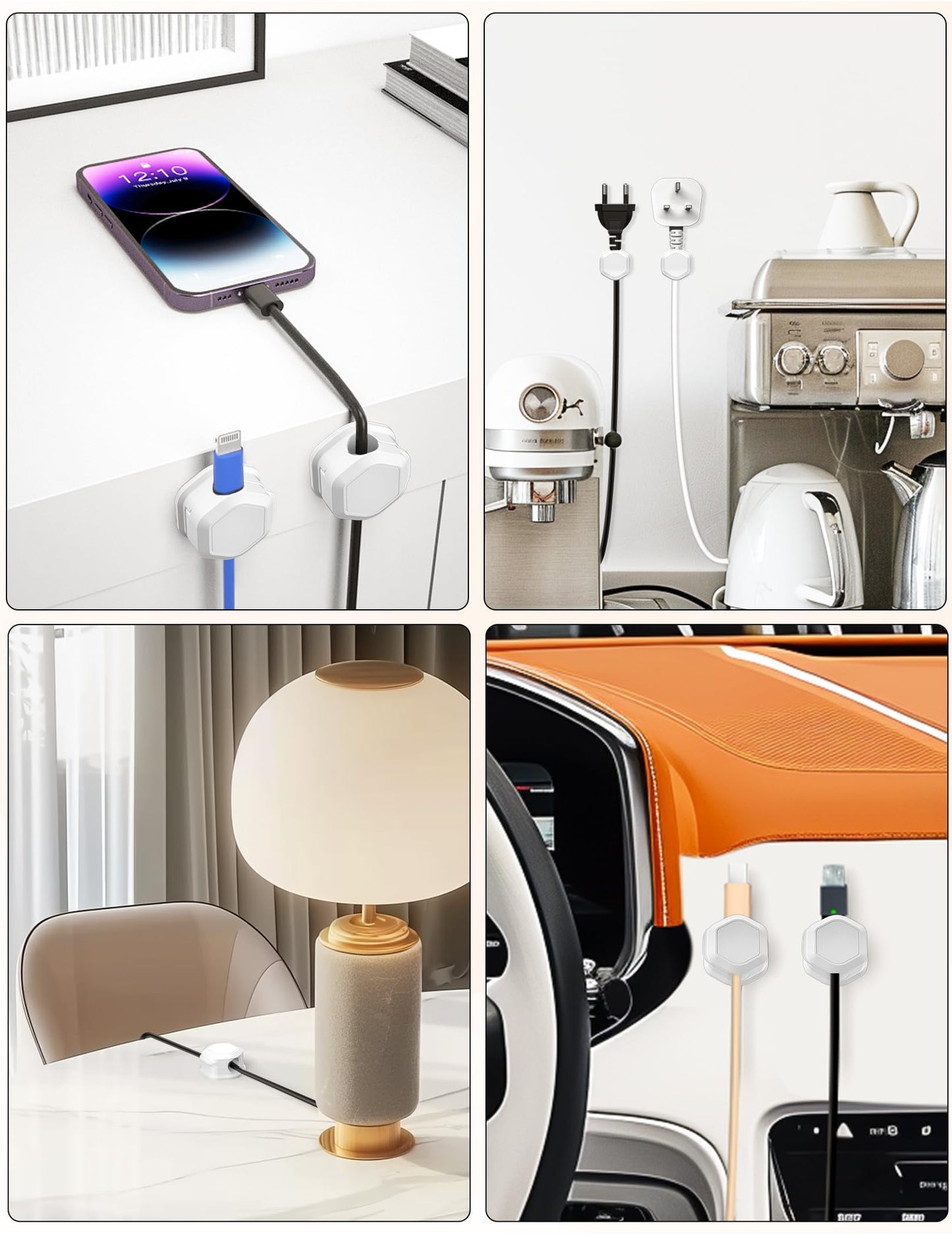 TINGHUI 8 Pack Cord Holder - Cord Organizer - Magnetic Cable Clips - Cord Organizer for Desk, Nightstand, Phone Charger, Computer, Home, Office, Car (White)