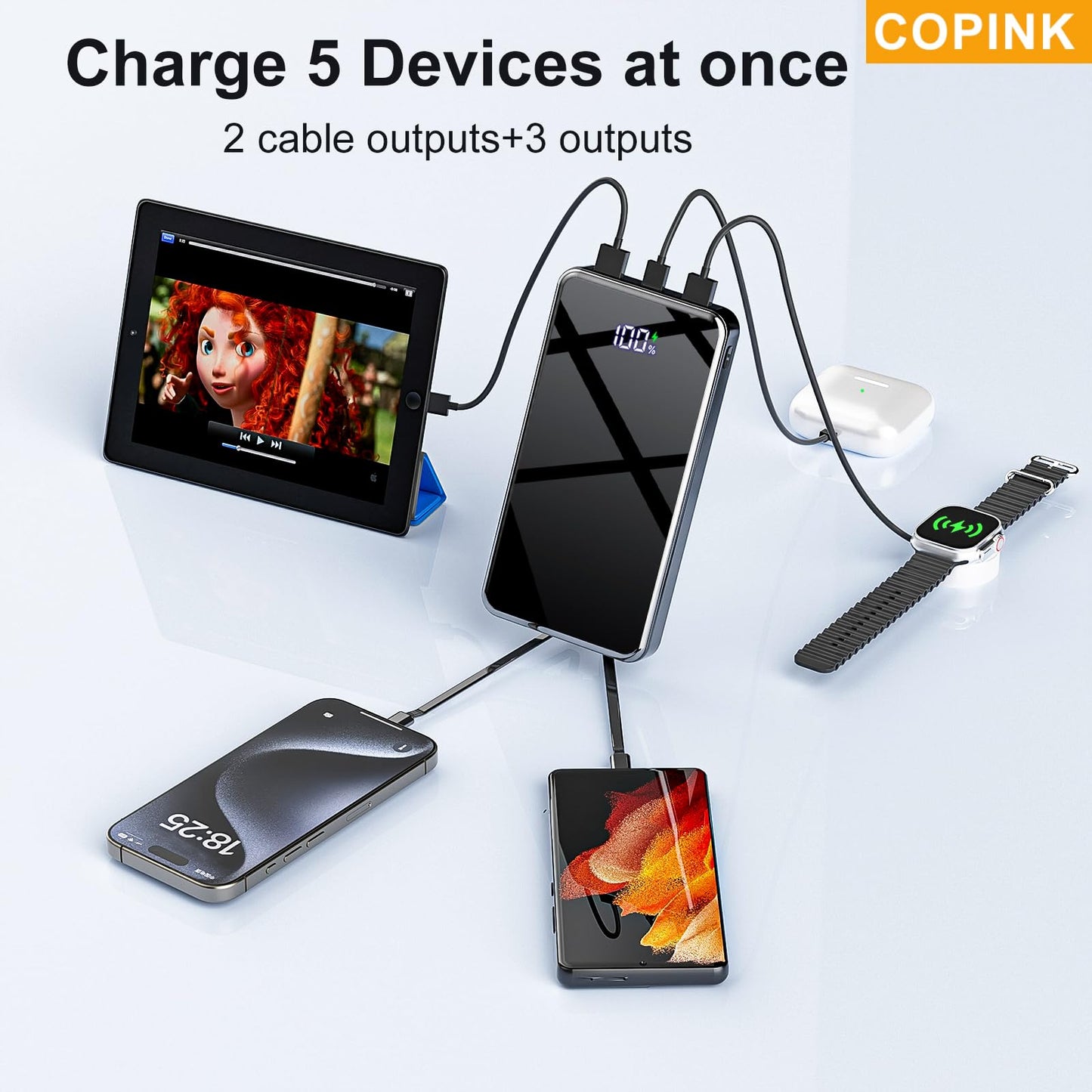COPINK Power Bank with Built in Cables, 25000mAh Fast Charging Portable Charger,5 Output 2 Input LED Display Slim External Battery Pack for iPhone, Samsung, Android Phones, Tablets - Available at All In One Marketplace Canada