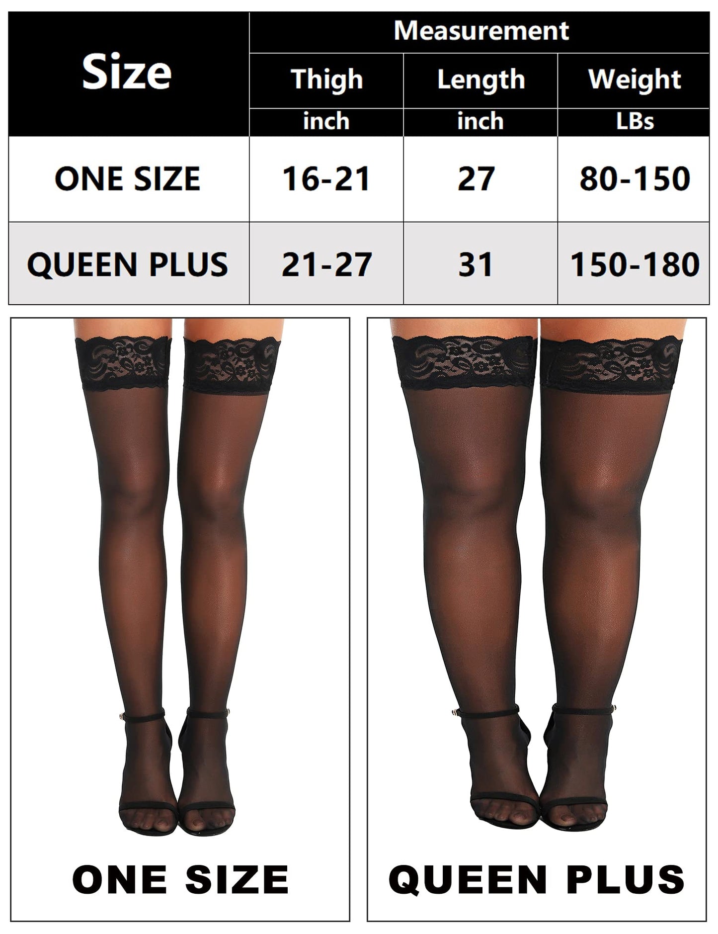 RSLOVE Women's Lace Top Thigh High Sheer Stockings Antiskid Silicone Ultra Shimmery Pantyhose Black One Size