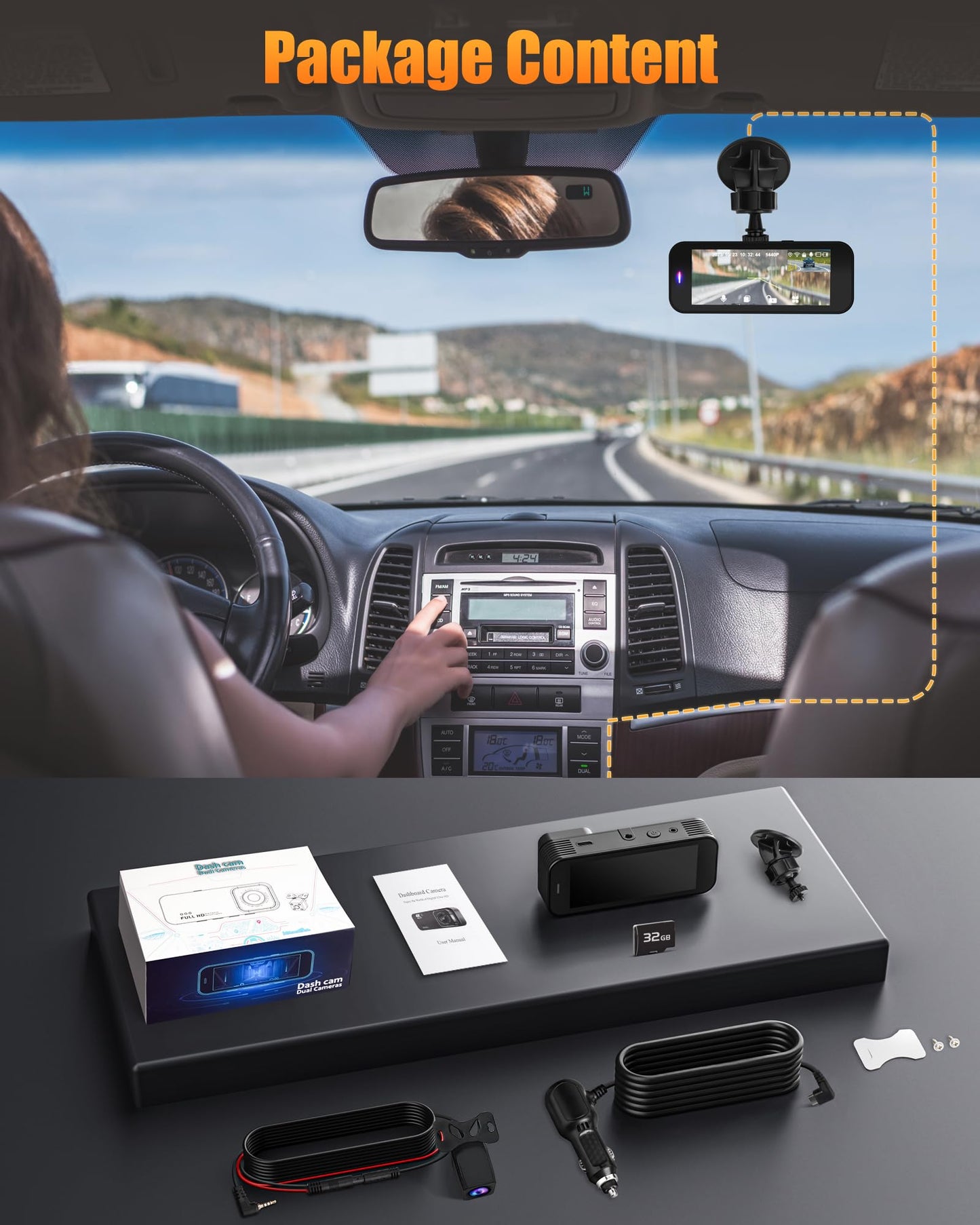 Dash Camera for Cars, 4K+1080P Dash Cam Front and Rear with 5G WiFi, Built-in 32GB Card, Night Vision, G-Sensor, 24H Parking Mode, Loop Recording