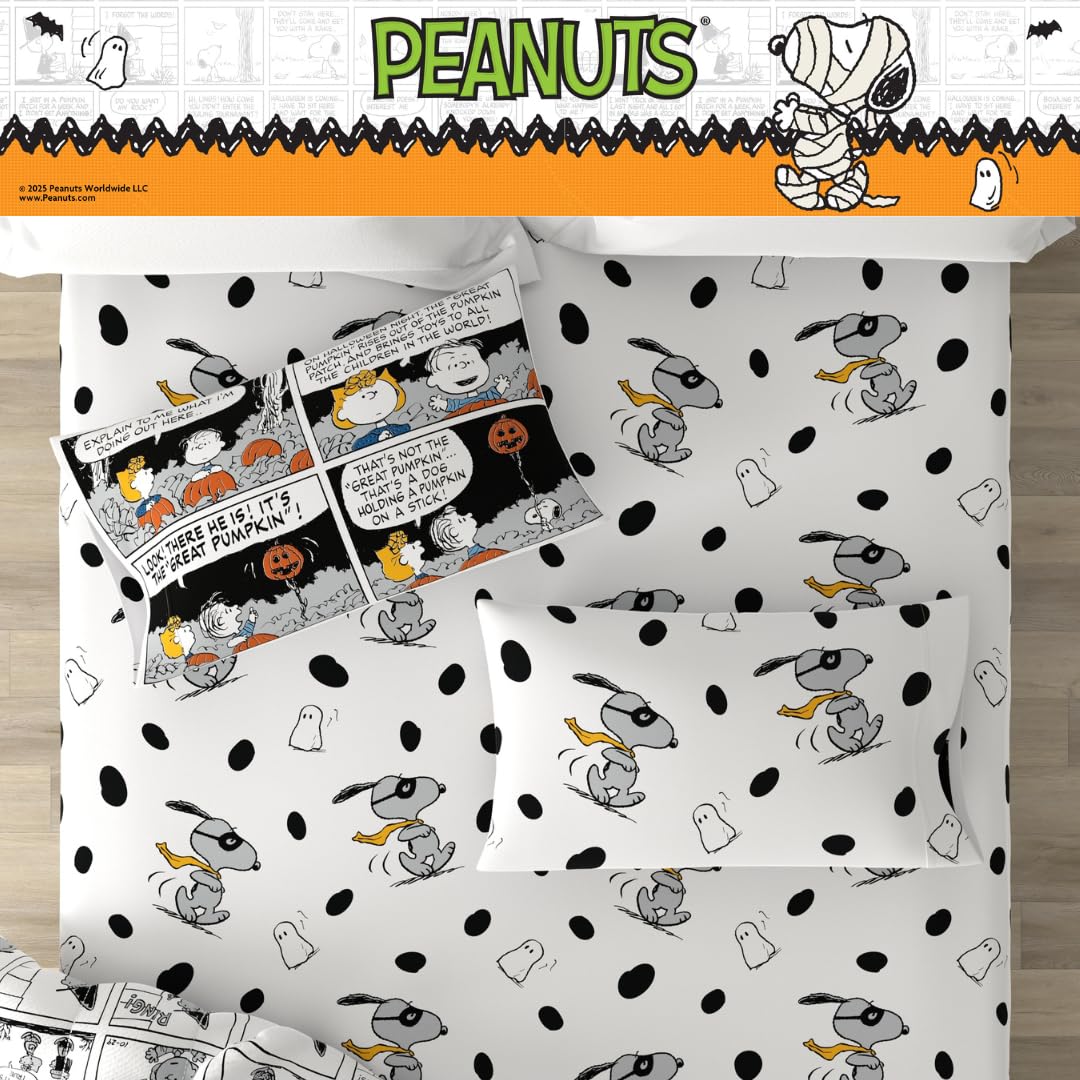Parure de lit deux places Peanuts Halloween – Ensemble 5 pièces réversible, ultra doux et confortable, avec couette et draps à l'effigie de Snoopy et Charlie Brown (produit officiel Peanuts) par Franco