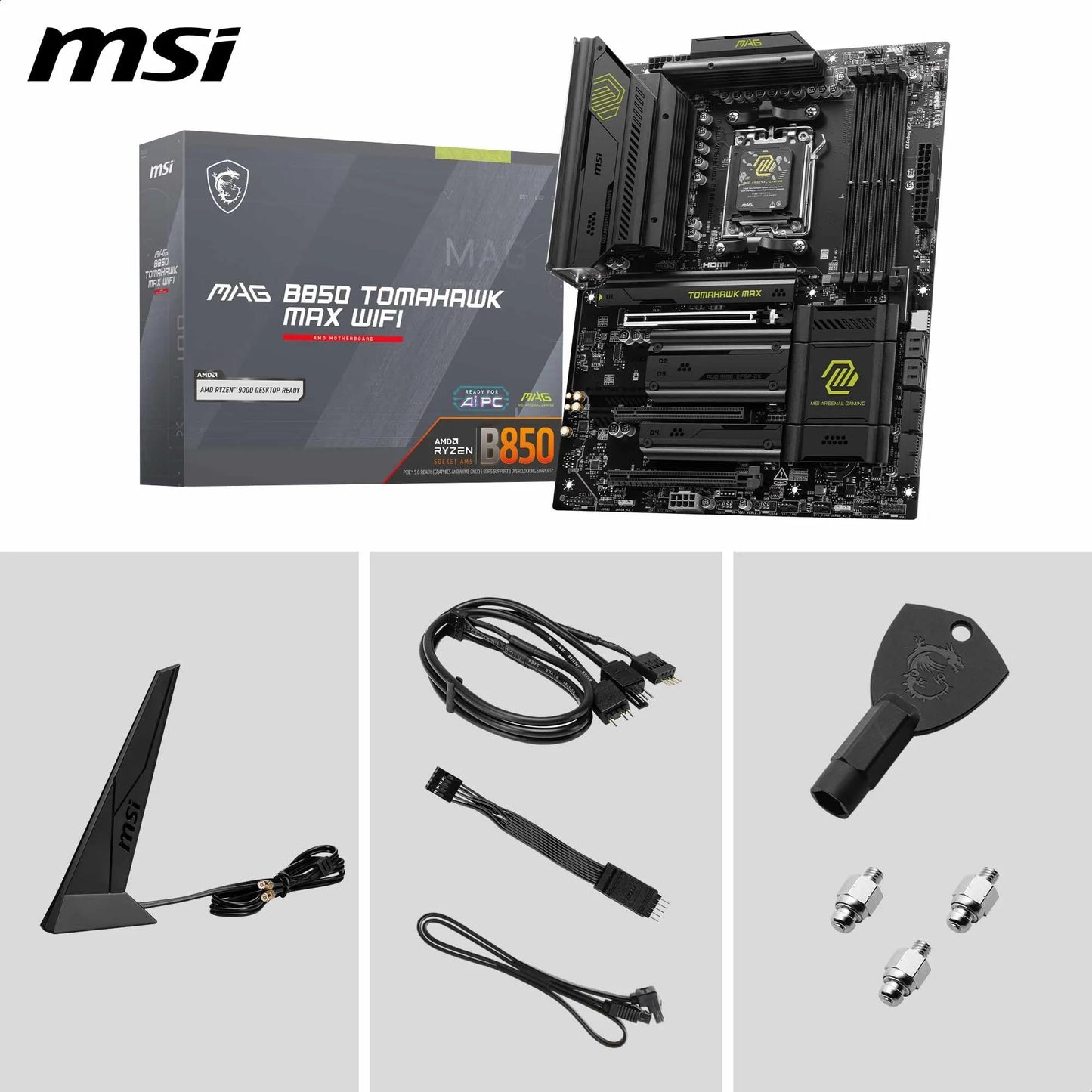 MSI MAG B850 Tomahawk MAX WiFi Gaming Motherboard (AMD Ryzen 9000/8000/7000 Series Processors, AM5, DDR5, PCIe 4.0, M.2, SATA 6Gb/s, USB 3.2 Gen 2, HDMI/DP, Wi-Fi 7, Bluetooth 5.3, 2.5Gbps LAN, ATX) MSI