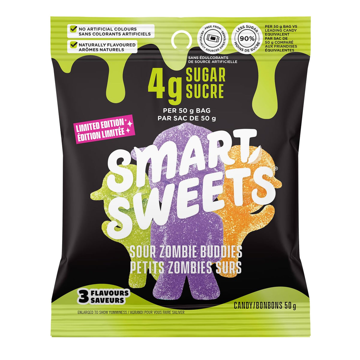 SmartSweets Sour Zombie Buddies Bonbons gélifiés à faible teneur en sucre, collations santé pour enfants et adultes, friandise d'Halloween, sacs de 50 g, paquet de 14