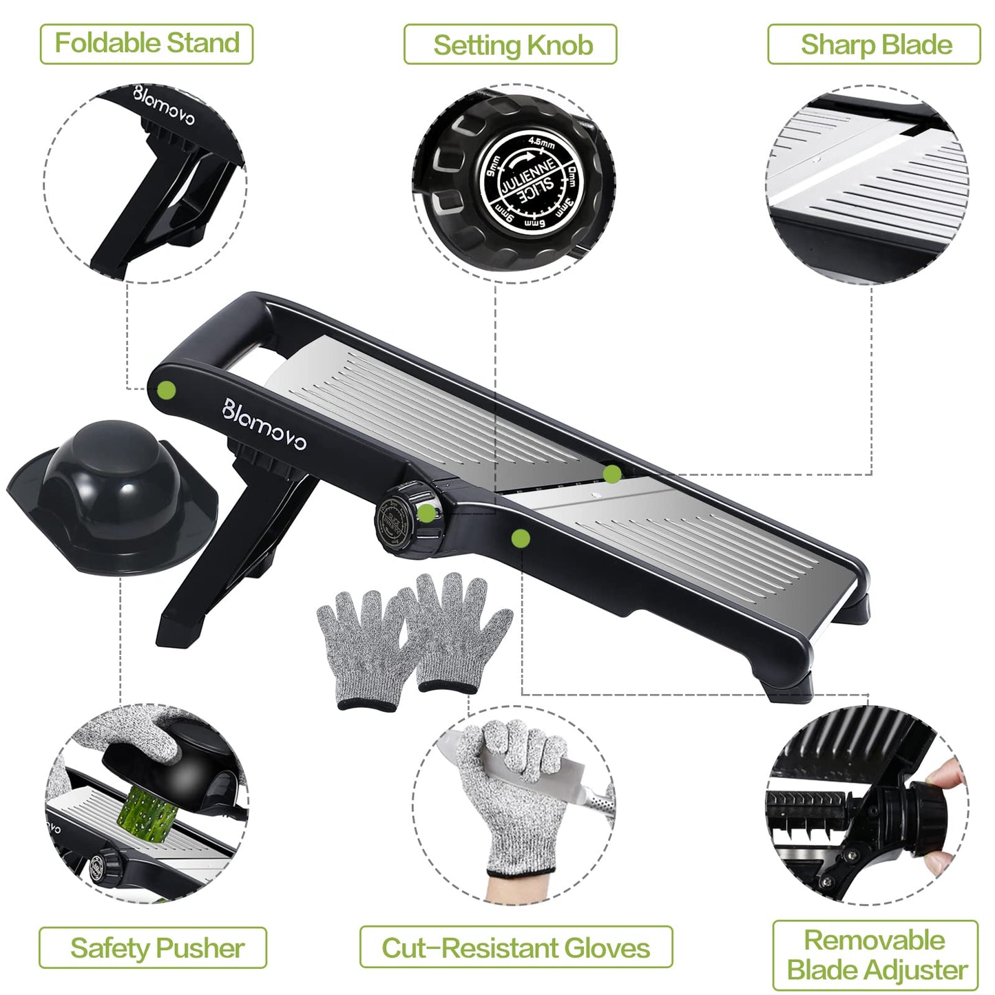 Blamovo Mandoline Slicer for Kitchen, Vegetable Mandolin Slicer with Adjustable Thickness by One-Knob Control, Veggie Fruit Potato Slicer Julienne, with Safety Gloves - Available at All In One Marketplace Canada