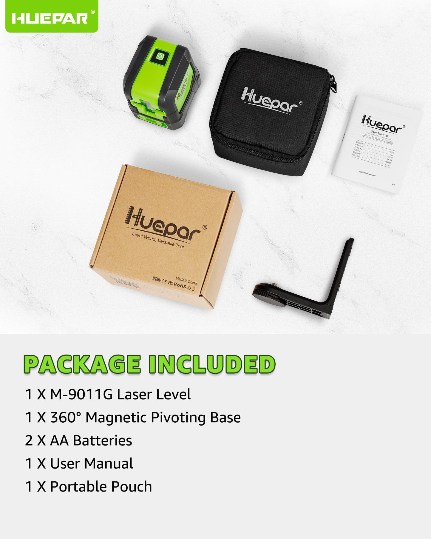 Huepar Laser Level Self Leveling, Classical Cross Line Indoor DIY Use Green Lines, 100Ft Visibility Horizontal and Vertical Line Level, 360° Magnetic Pivoting Base 9011G - Available at All In One Marketplace Canada