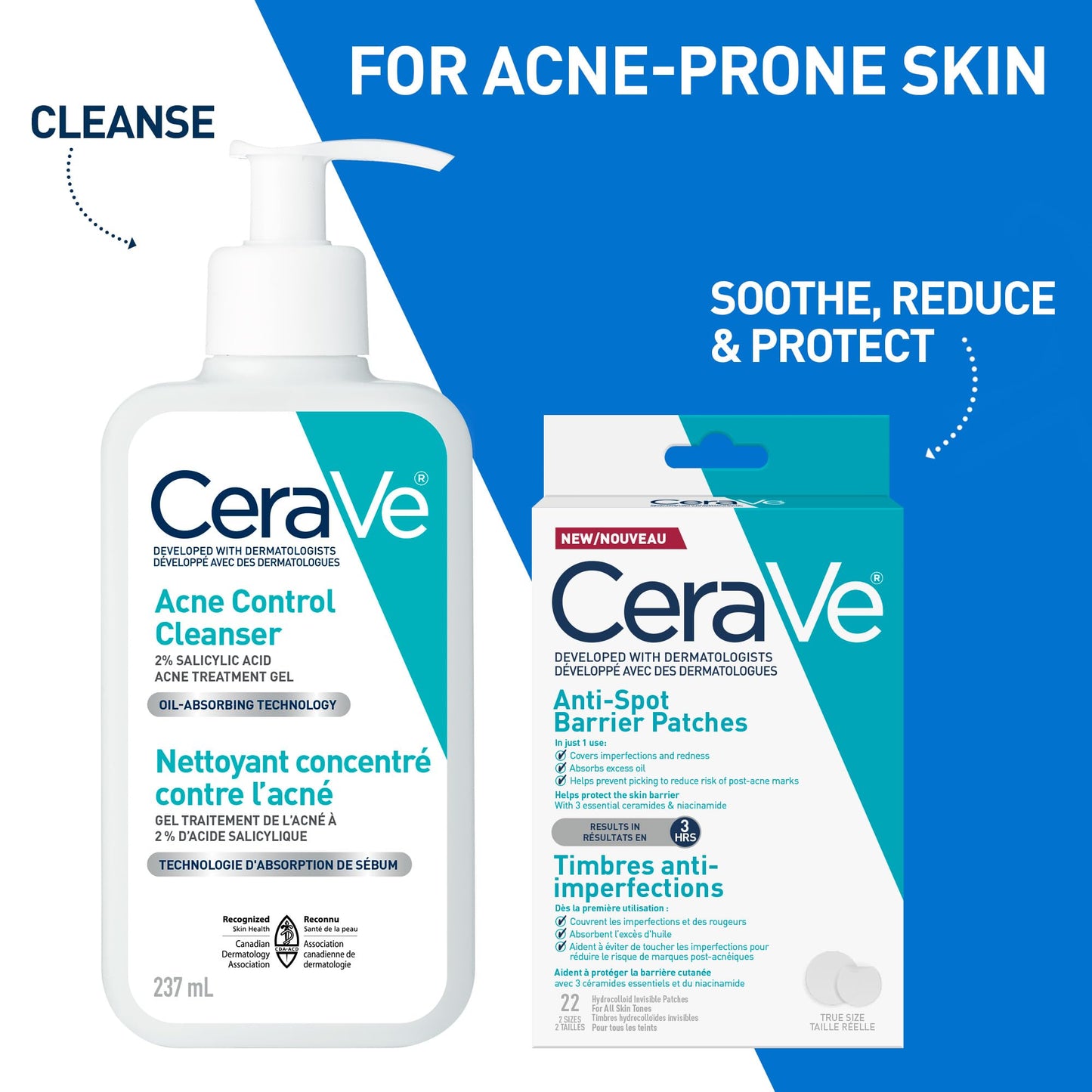 CeraVe Spot Barrier Patches, Hydrocolloid Acne Spot Patch with Niacinamide & 3 Essential Ceramides, Invisible on All Skin Tones, for Acne-Prone & Sensitive Skin, 22 count - Available at All In One Marketplace Canada