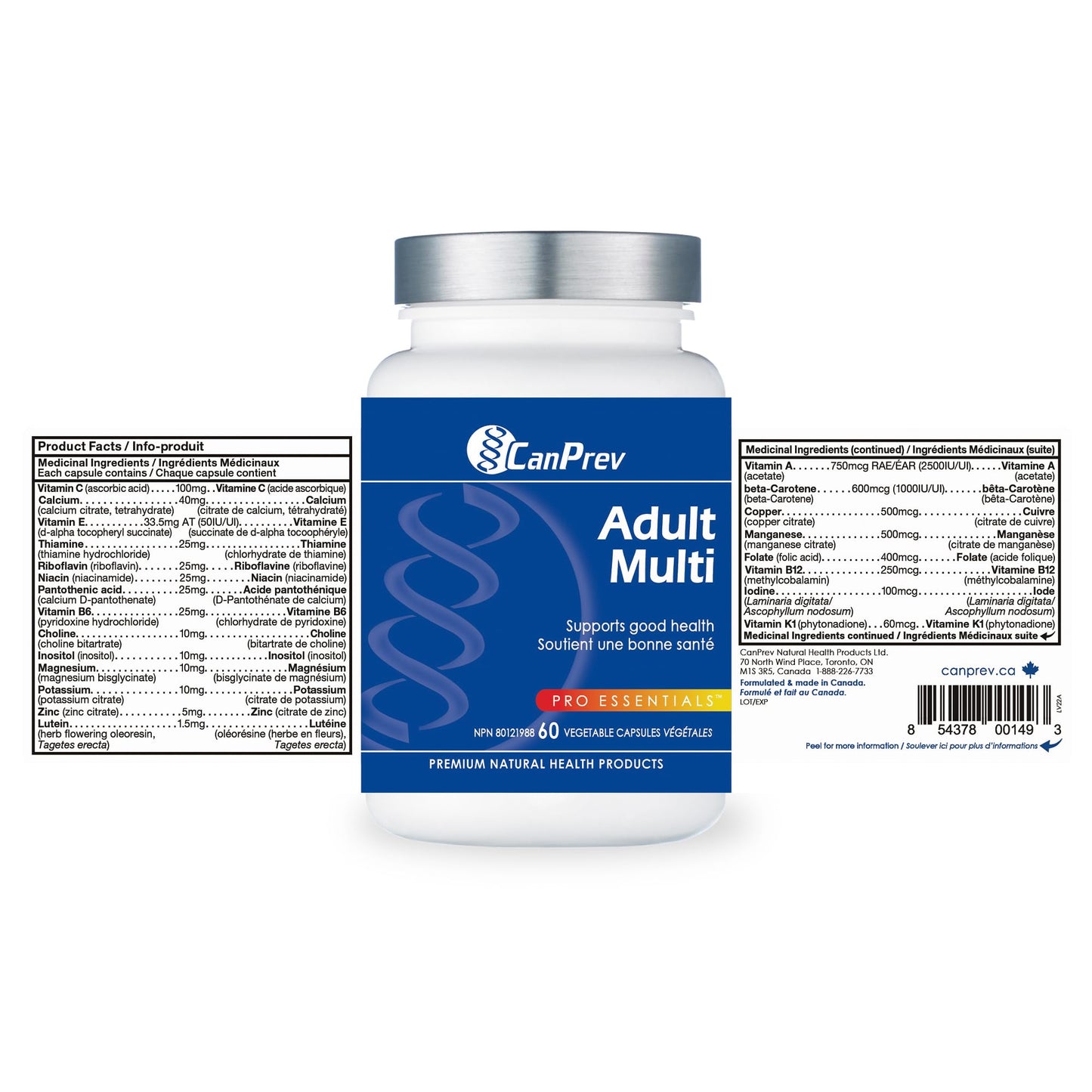 CanPrev Adult Multi, 60 V-Caps 30-Day Supply - Non-GMO and Gluten-Free - High-Potency Multivitamin and Multi-Mineral Formula - Iron-Free - Easy to Digest - Complete Daily Vitamins and Minerals - Available at All In One Marketplace Canada