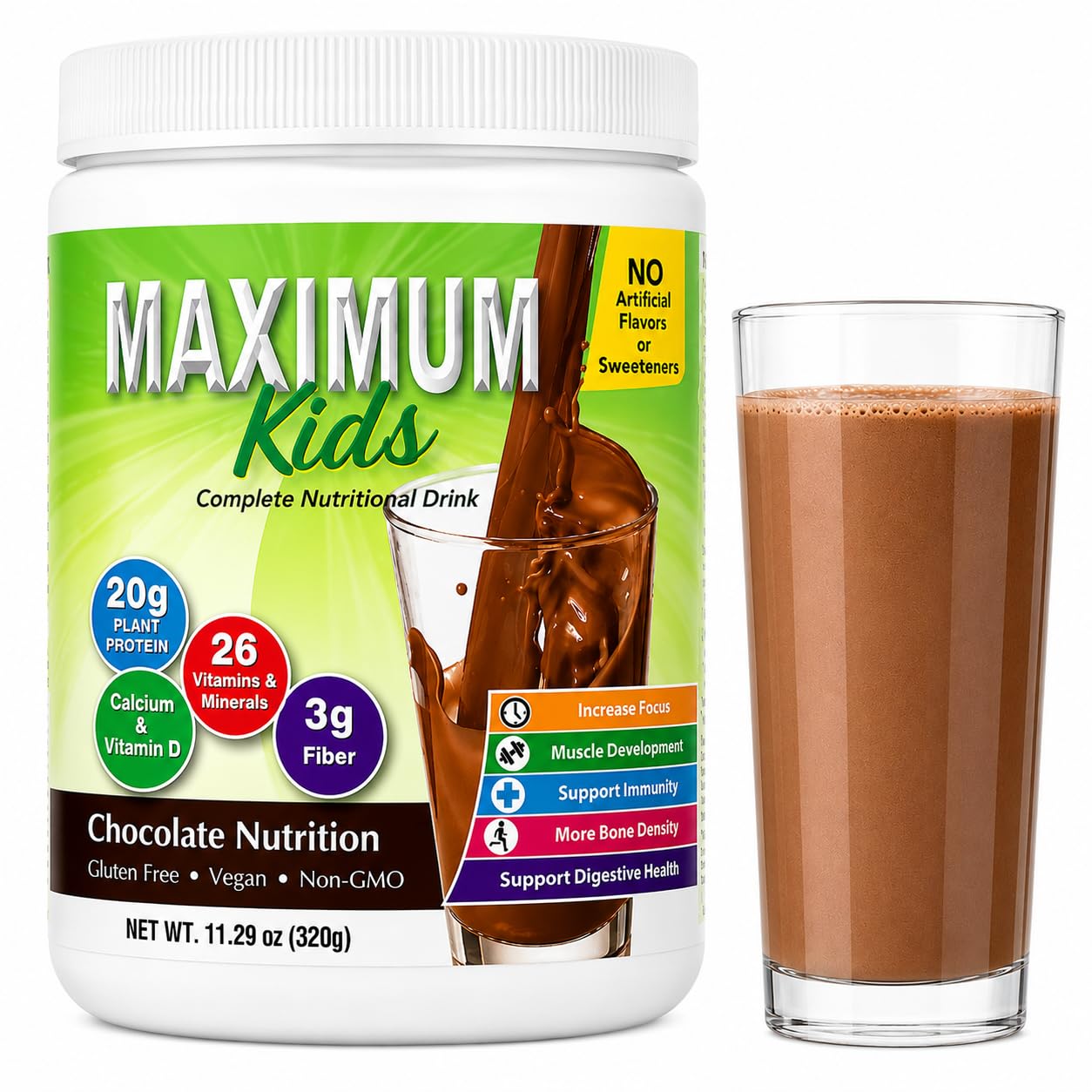 Maximum Kids Complete ORGANIC Powder Mix - Great TASTING, EASY to use, complete nutritional drink with 26 vitamins & Minerals, 20g of Plant Protein, 3g of Fiber. Kid TESTED! Parents APPROVED! - Available at All In One Marketplace Canada