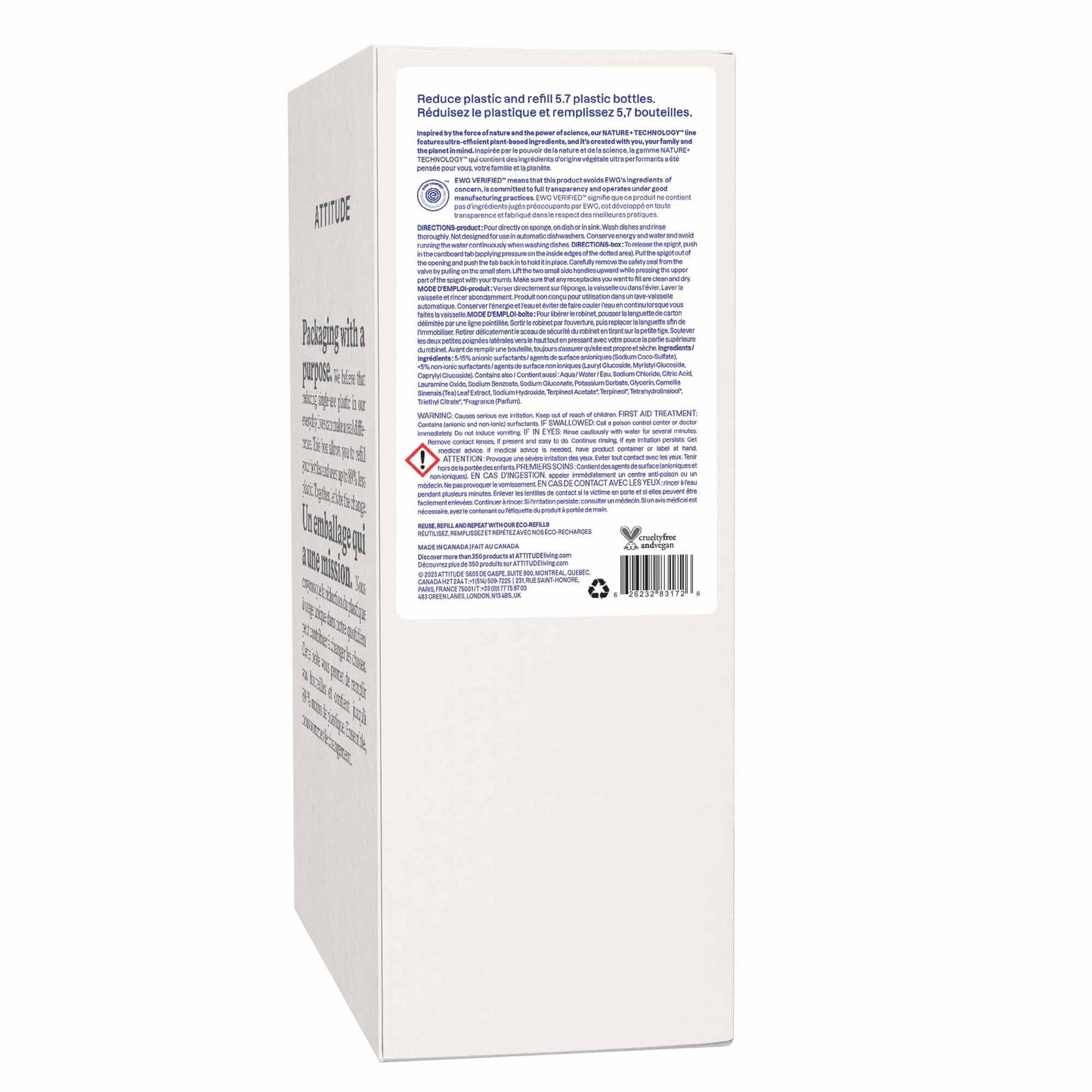 ATTITUDE Dish Soap Refill, EWG Verified, Plant-Based & Vegan Dishwashing Liquid, Naturally Derived, Made in Canada, Citrus Zest Scent, 4 Liters - Available at All In One Marketplace Canada