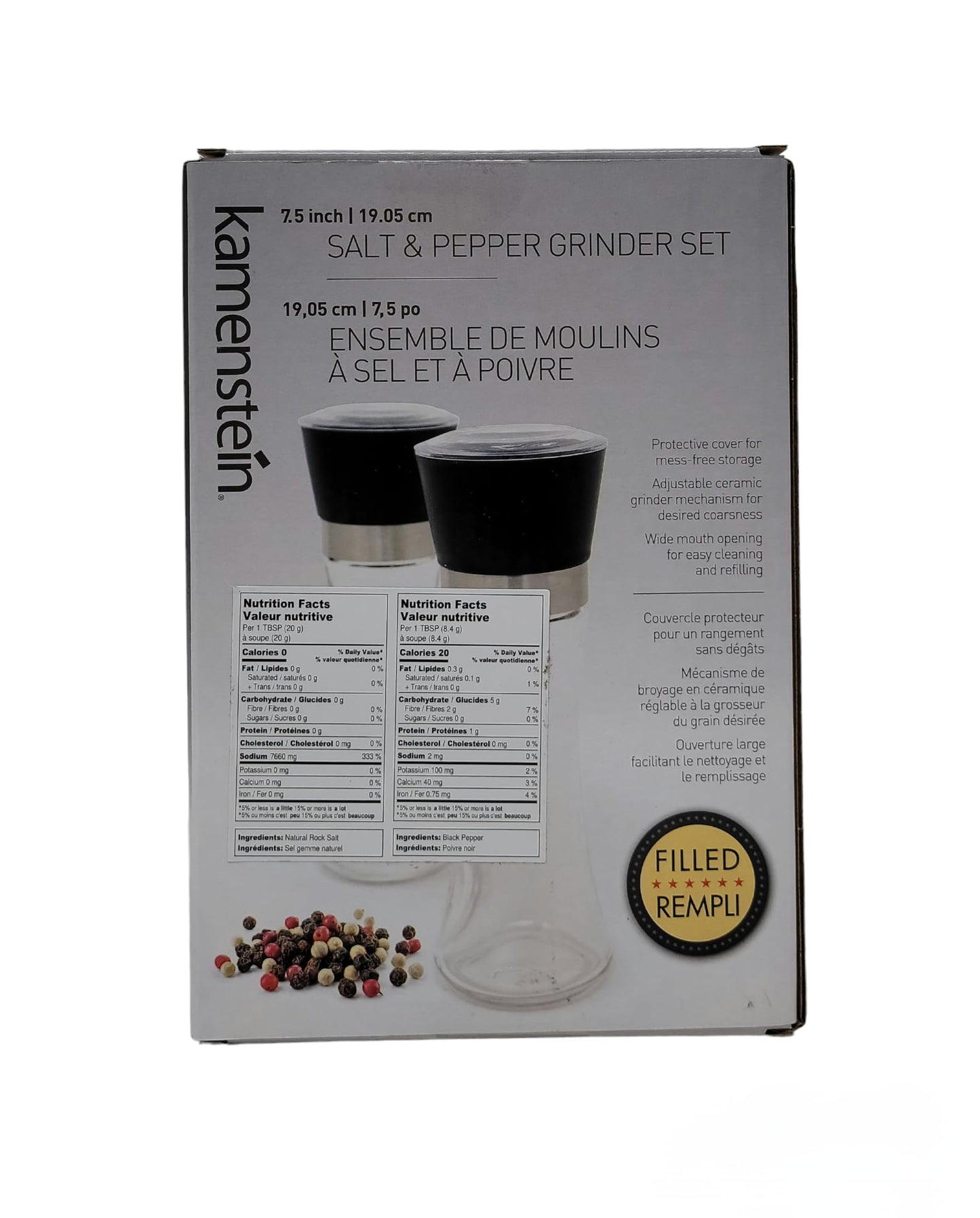 Kamensteín - Salt & Pepper Grinder Set, Includes Black Peppercorns and Pink Himalayan Salt (7.5inch) - Available at All In One Marketplace Canada