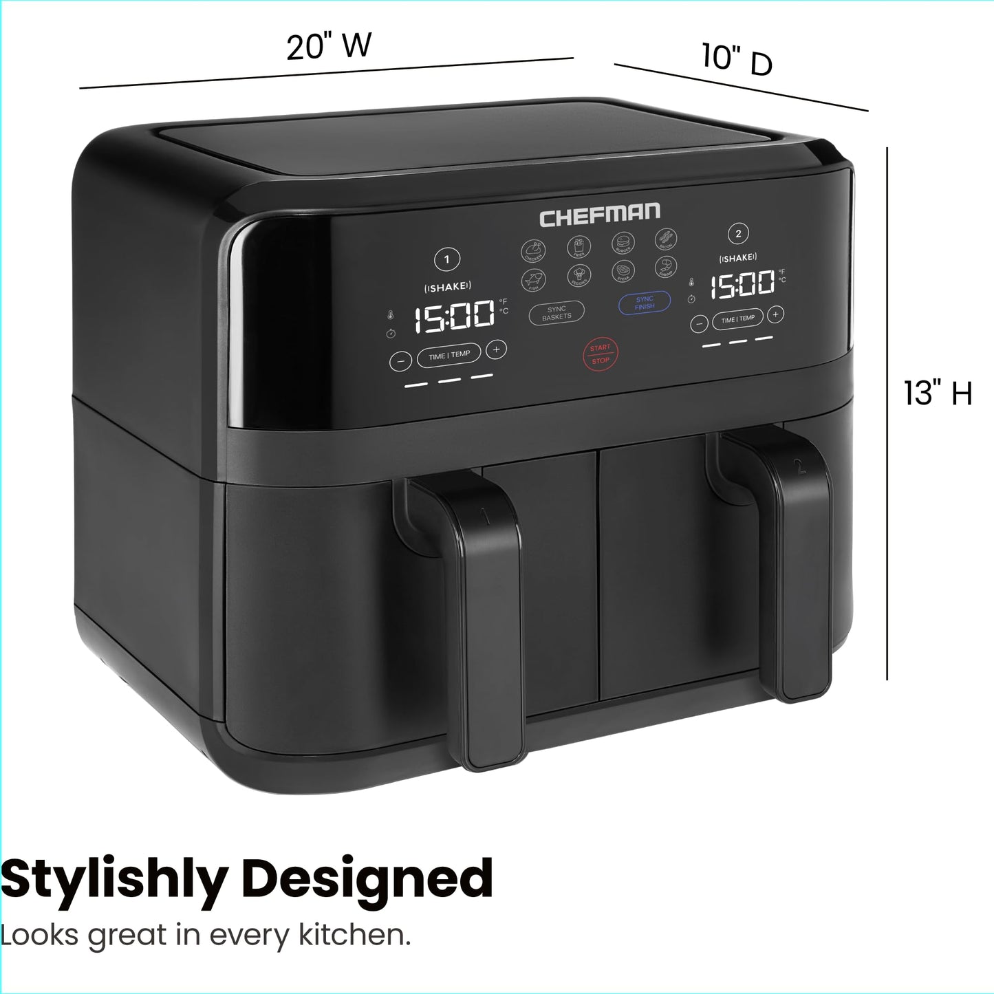 Chefman TurboFry 9-Qt. Dual-Basket Air Fryer with Sync Finish, One-Touch Digital Control, & Shake Reminder for Quick, Healthy, Family-Sized Meals, Black Chefman