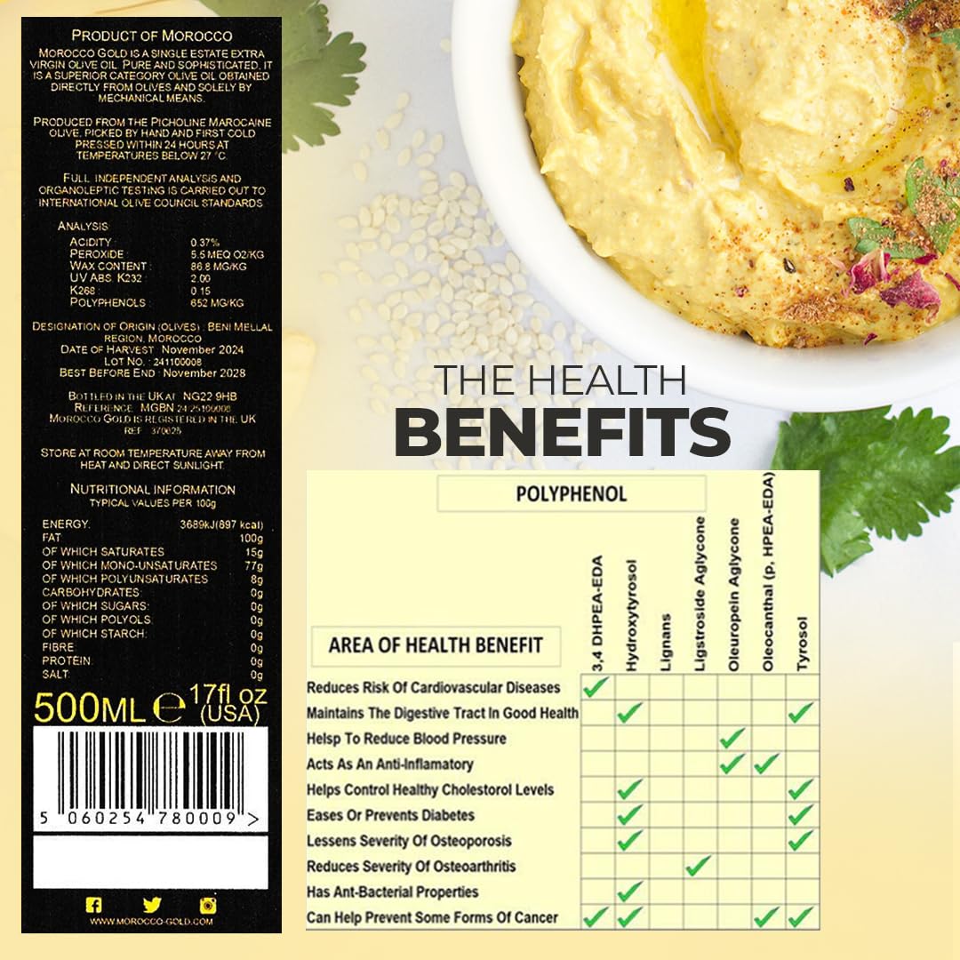 Morocco Gold Early Harvest Extra Virgin Olive Oil – Cold Pressed, 652mg/kg Polyphenols, 500ml