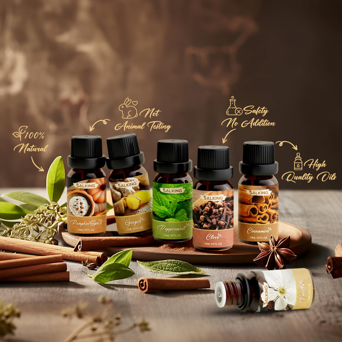 SALKING Spice Essential Oils Set, 6x10ml Fragrance Scented Oils for Diffuser, Candle and Soap Making - Cinnamon, Clove, Vanilla, Pumpkin Spice, Peppermint, Ginger 🍁 All In One Marketplace Canada