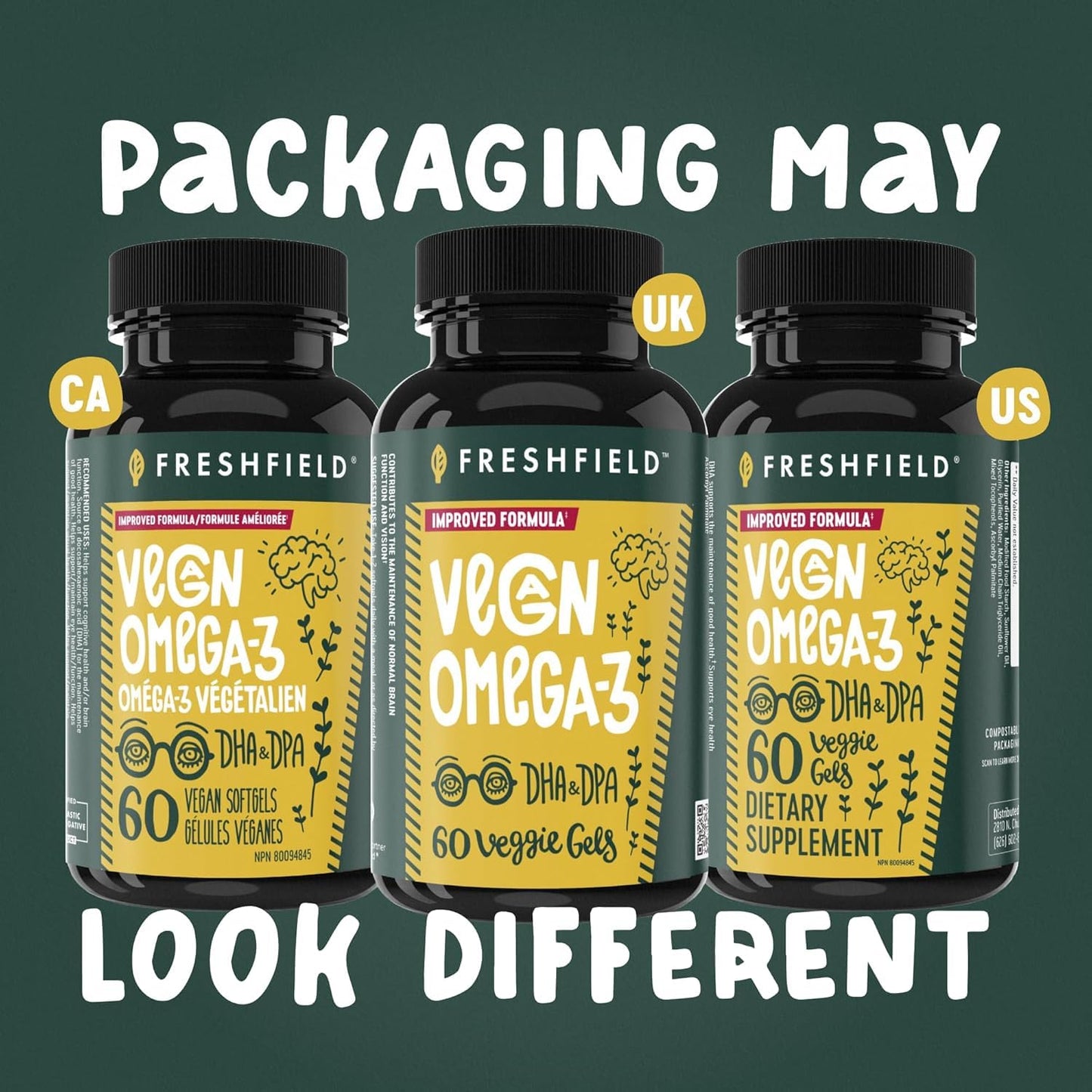 Freshfield Vegan Omega 3, Algae (Algal) Oil, Fish Oil Free Company, Third Party Tested, Carrageenan Free, DHA Supplement w/DPA, Plant Based Omega. Supports Heart, Brain, Joint Health - Available at All In One Marketplace Canada