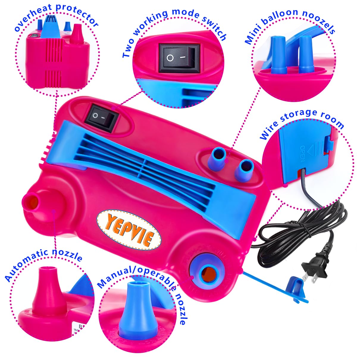 YEPVIE Electric Balloon Pump, Portable 2 Modes Balloon Blower Machine with 14 Ballon Arch Kits, Air Pump for Baloon, Balloon Inflator for Party Decoration