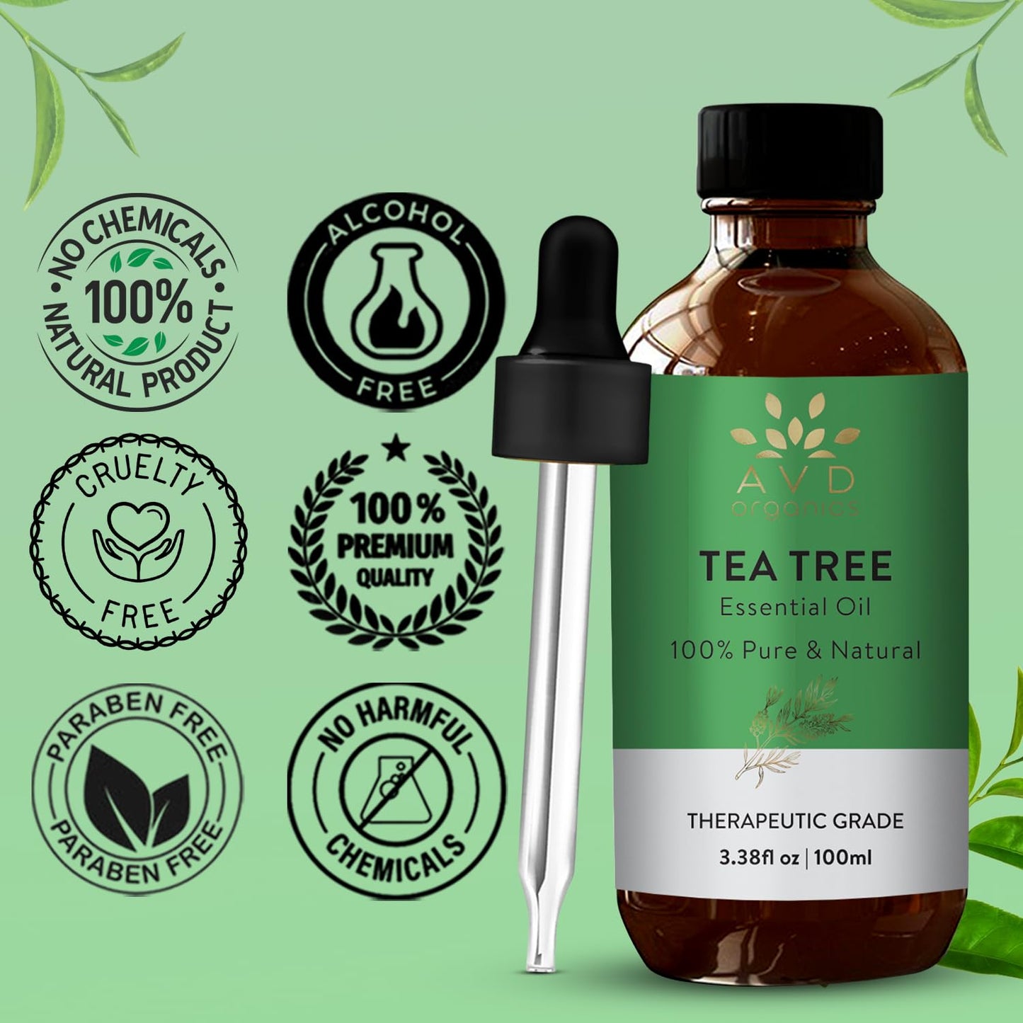 AVD Organics Tea Tree Oil | 100% Pure and Natural Tea Tree Essential Oil for skin | for Nail Fungus Face Aromatherapy Home Diffusers Carrier | 3.38 fl. Oz