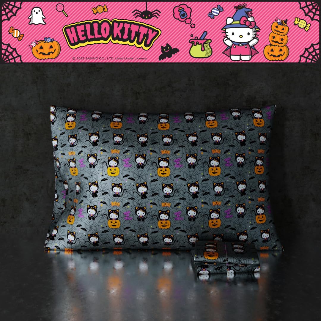 Taie d'oreiller réversible standard Sanrio Hello Kitty squelette Halloween, en satin soyeux pour cheveux et peau, 50x76 cm (produit sous licence officielle) par Franco Collectibles