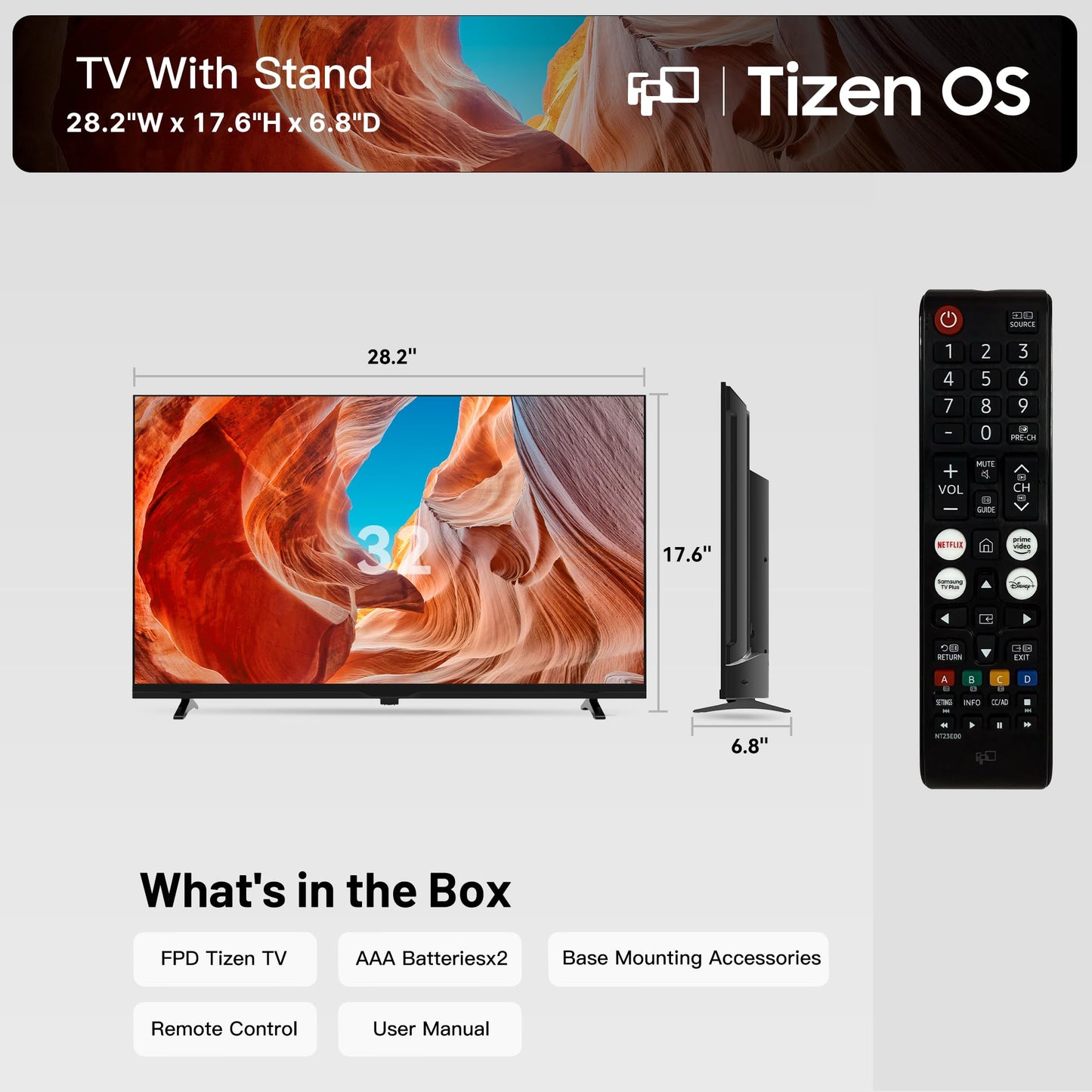 FPD 32 Inch Smart TV 720p HD Powered by Tizen OS Compatible with Samsung TV Plus, Dolby Audio, HDR 10, Gaming Hub, SmartThings, Voice Control, Built-in Miracast, Flat Screen Television (AT32-P1, 2026)