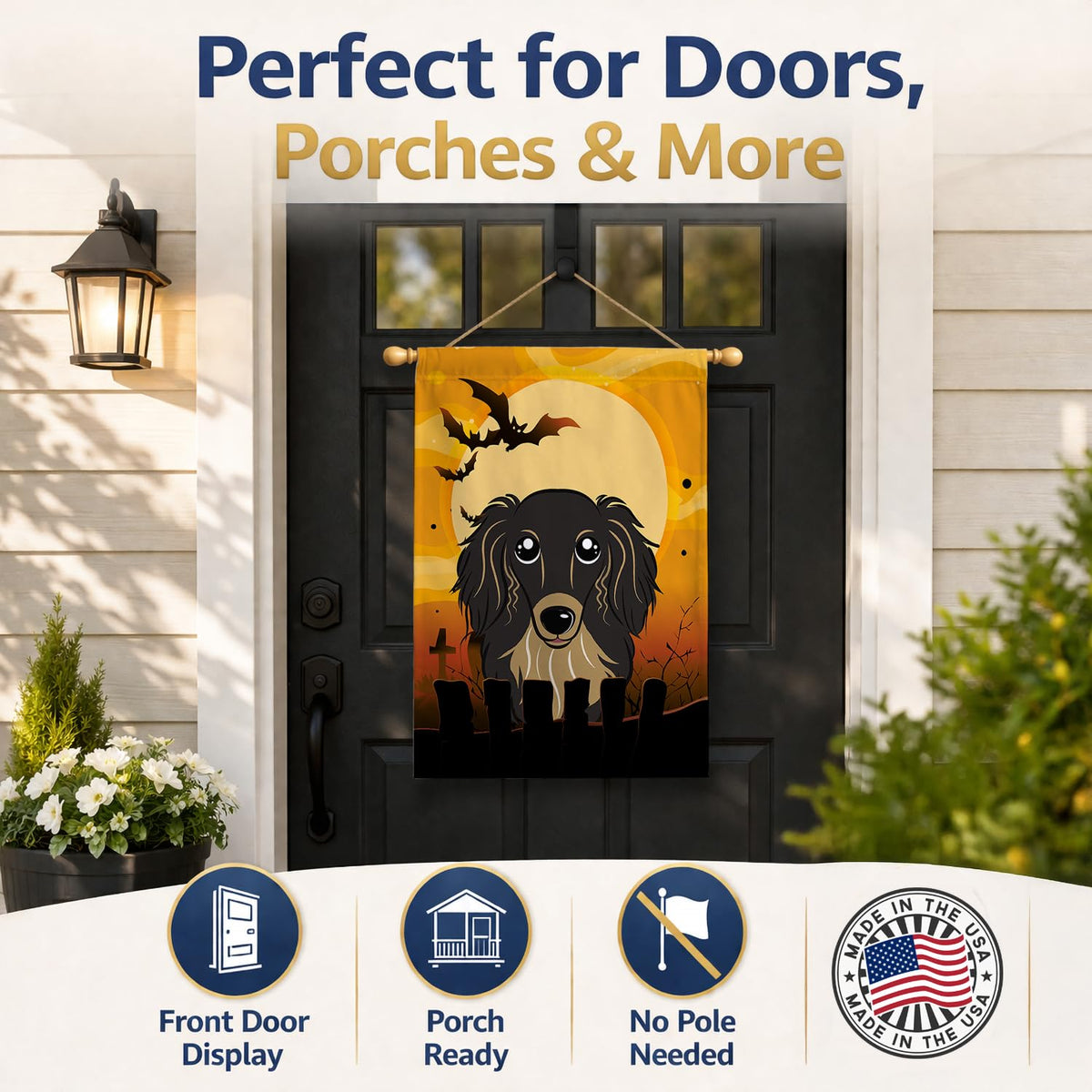 Caroline's Treasures BB1771CHF Halloween Longhair Black and Tan Dachshund Canvas House Size Flag