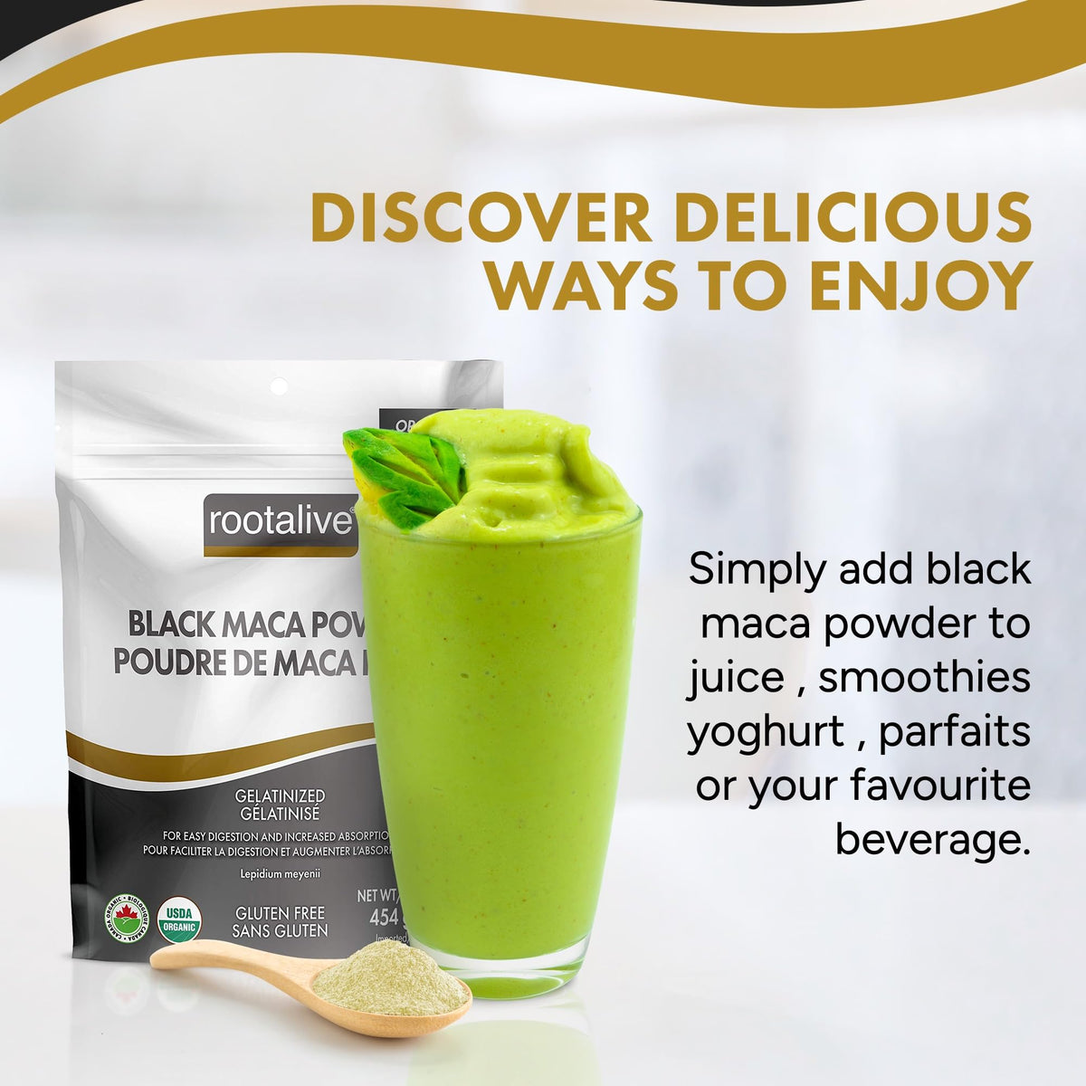 Rootalive Organic Black Maca Powder 454g (1lb) Gelatinized, Gluten Free