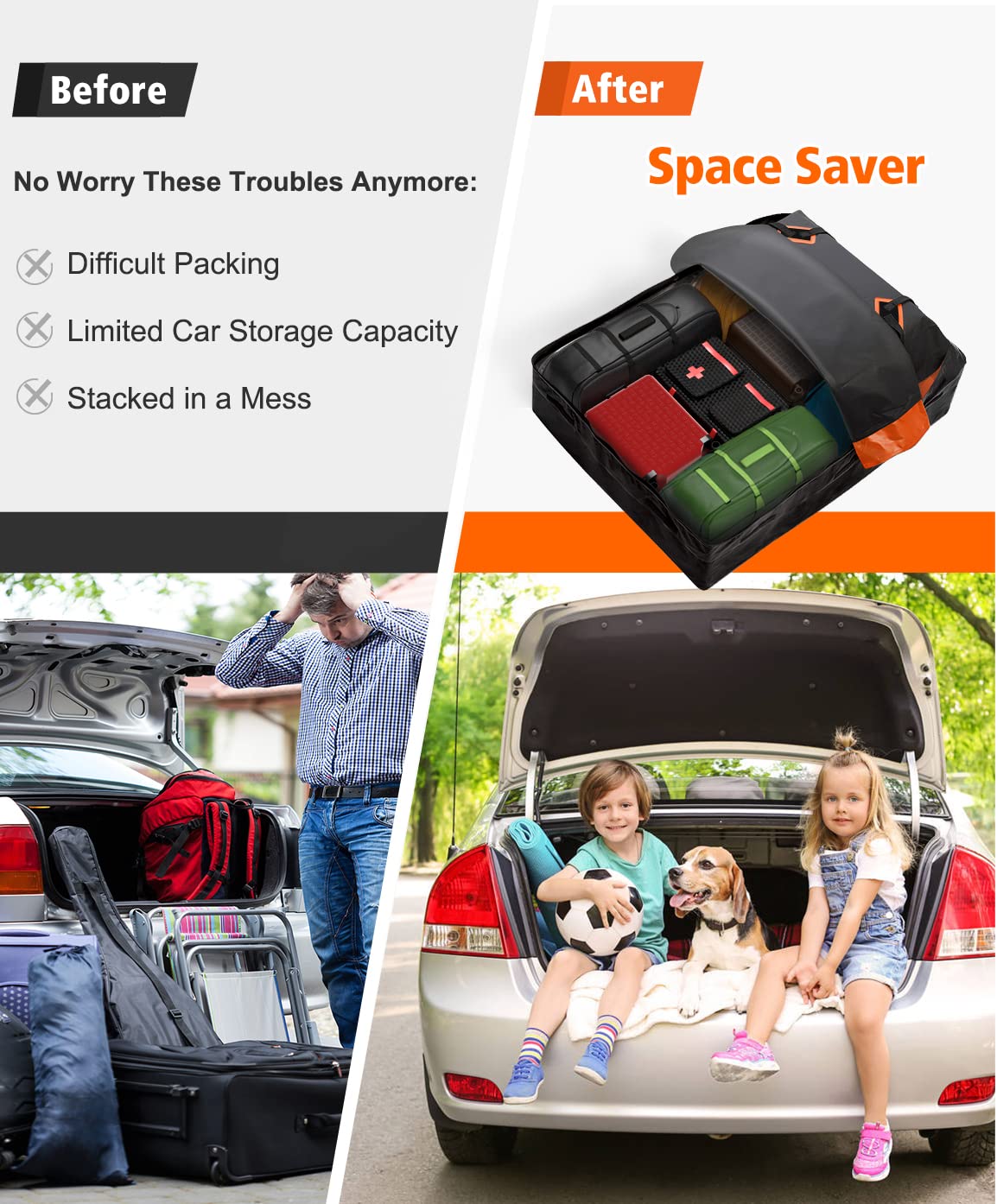 Car Roof Bag Cargo Carrier, 21 Cubic Feet Waterproof Rooftop Cargo Carrier with Anti-Slip Mat + 10 Reinforced Straps + 6 Door Hooks, Suitable for All Vehicle with/Without Roof Rack