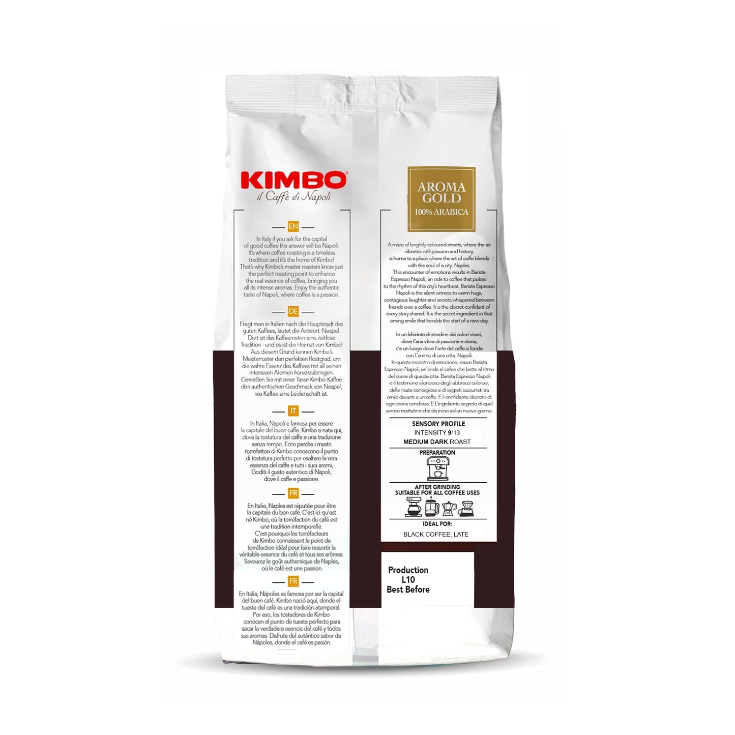 Kimbo Aroma Gold Whole Bean Coffee | Medium-Dark Roast, Intensity 9/13 | 100% Arabica | Italian Roasted & Blended | 1 kg Bag