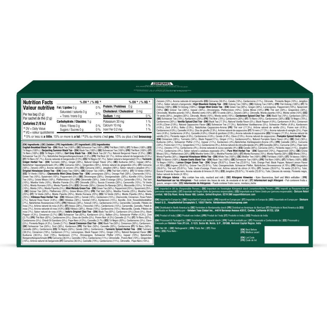VAHDAM Assorted Tea Sampler - 20 Flavors in 40 Pyramid Teabags | Premium Long Leaf Tea Gift Set