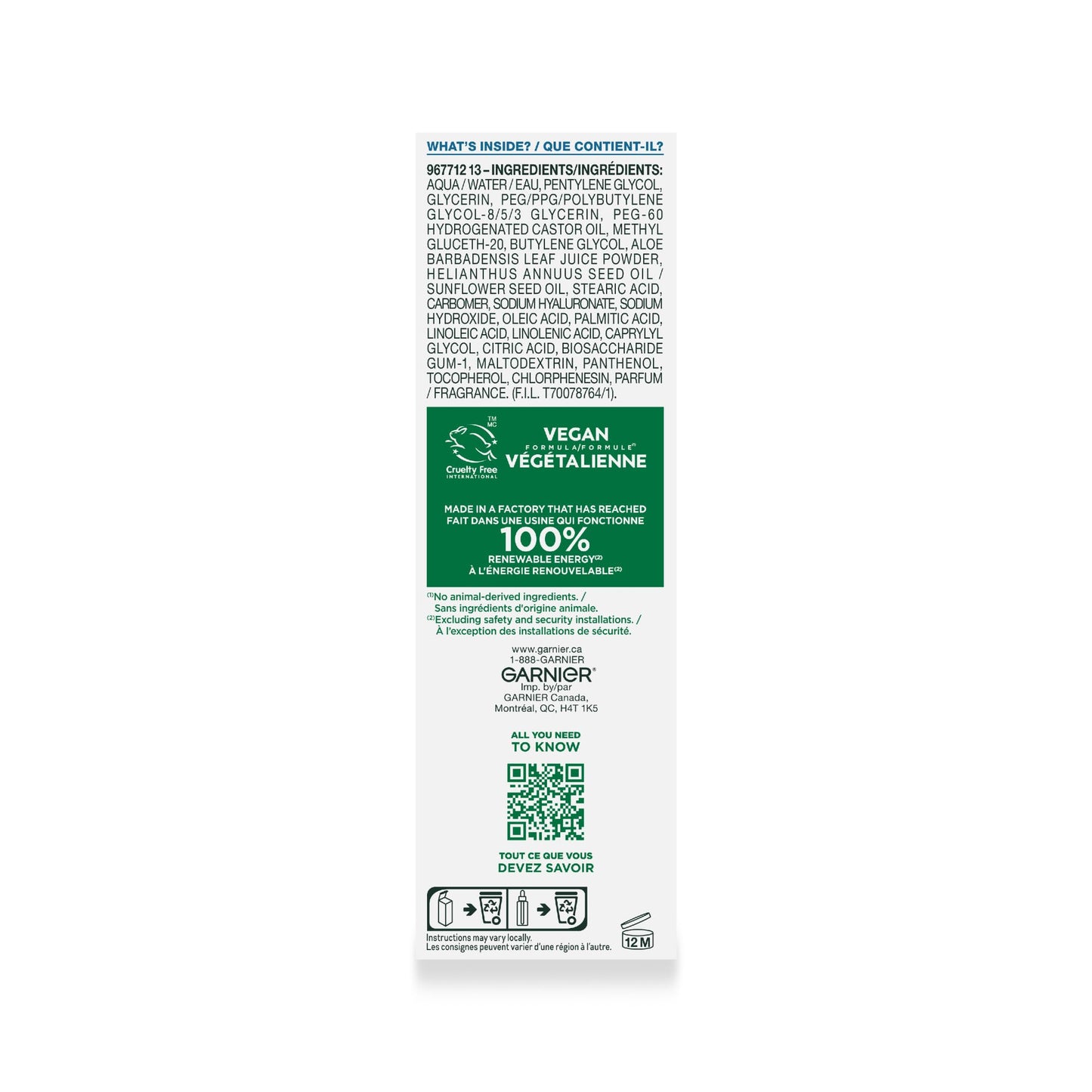 Garnier Hyaluronic Acid Face Serum, With Aloe Vera, Pro-Ceramides, Glycerin, Panthenol, Glass Skin, Reinforce Skin's Moisture Barrier, Hydrating, Replumpling, Normal To Combination, Vegan, 30ml - Available at All In One Marketplace Canada