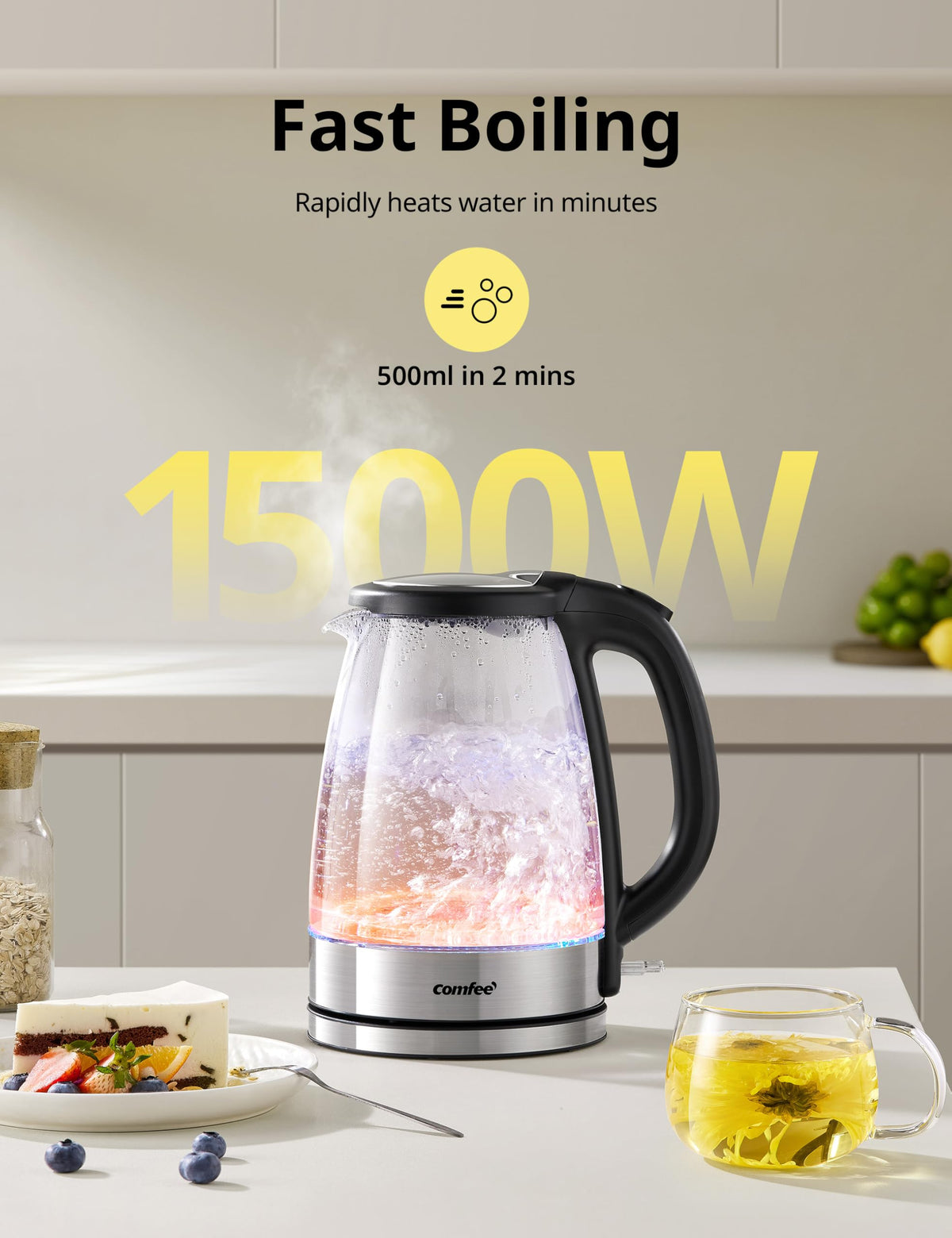 Comfee Electric Kettle, 1.7L 1500W, Hot Water Boiler, Removable Lid for Easy Cleaning, Auto Shut Off, Boil-Dry Protection, 360° Swivel Base, BPA Free, Borosilicate Glass Electric Tea Kettle